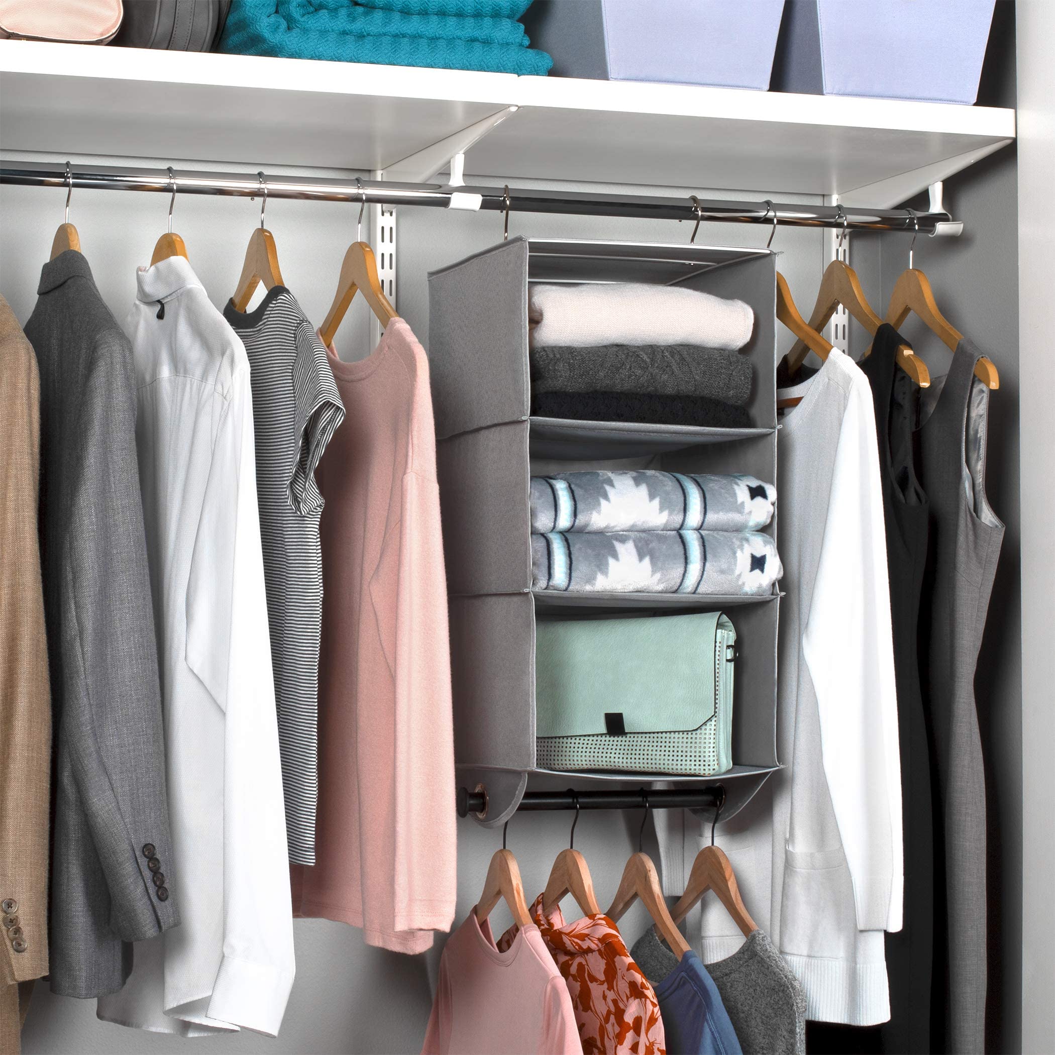 Hanging Closet Organizer with Garment Rod - Heavy Duty Fabric Space Saver for Closets, Easy to Mount, Foldable Closet Storage Shelves, Grey with Black Metal Rod  - Like New