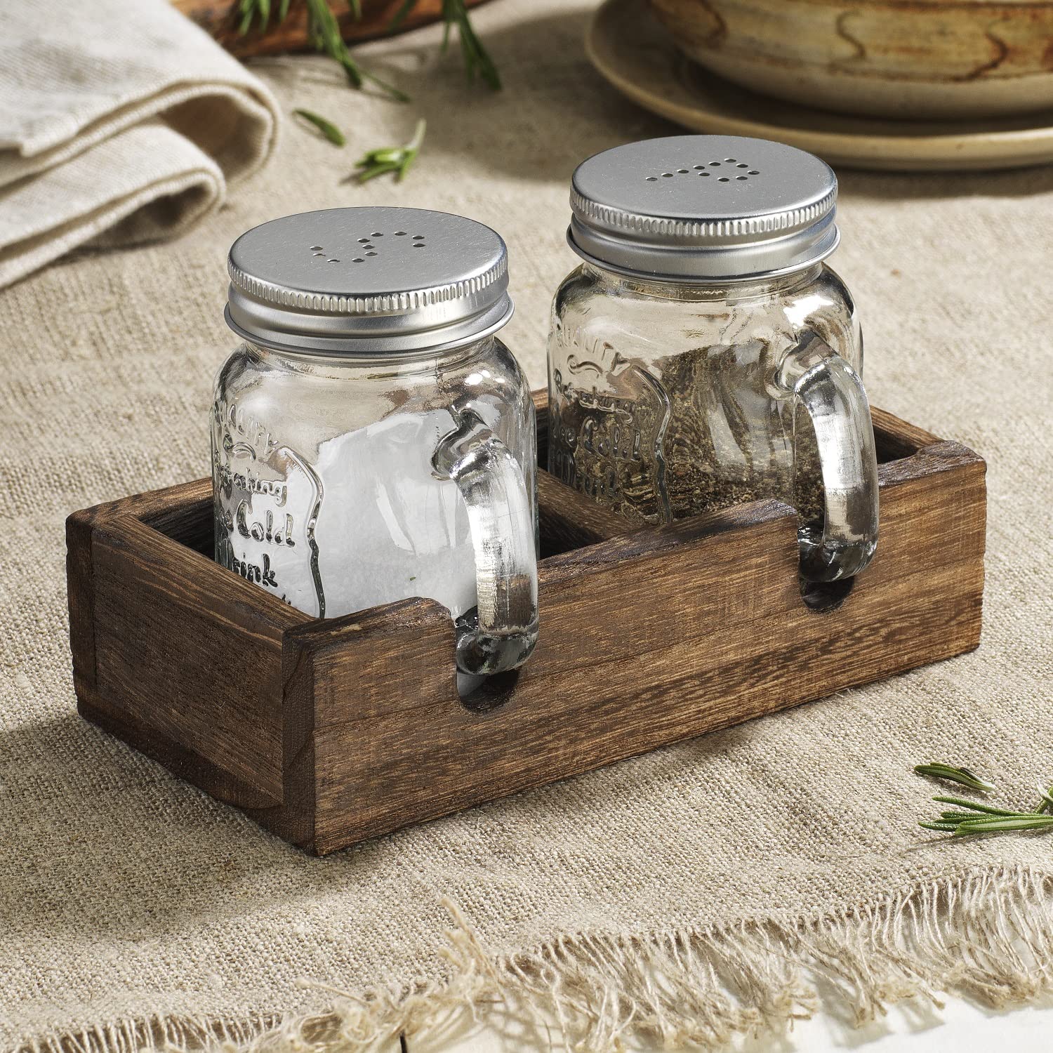 MosJos Mason Jar Salt and Pepper Shakers - Vintage Glass Condiment Dispenser Set with Wooden Holder Caddy - Farmhouse Kitchen Decor, Easy Refill 5-ounce Capacity with Stainless Steel Lids  - Like New