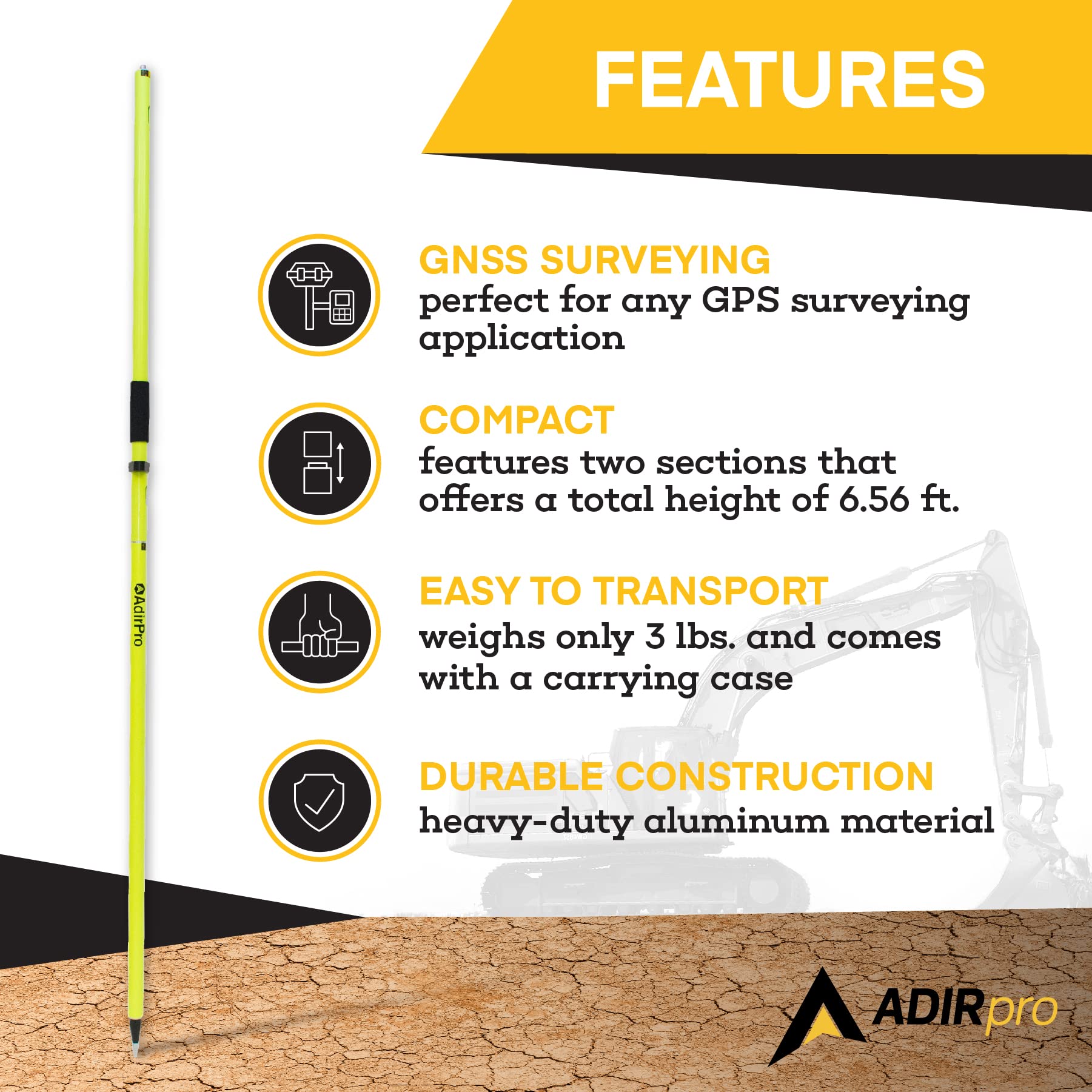 AdirPro 2m Two-Piece GPS Rover Rod – Lightweight & Accurate Aluminum Surveying Rod w/Replaceable Metal Tip – For Professional & Personal Use  - Like New