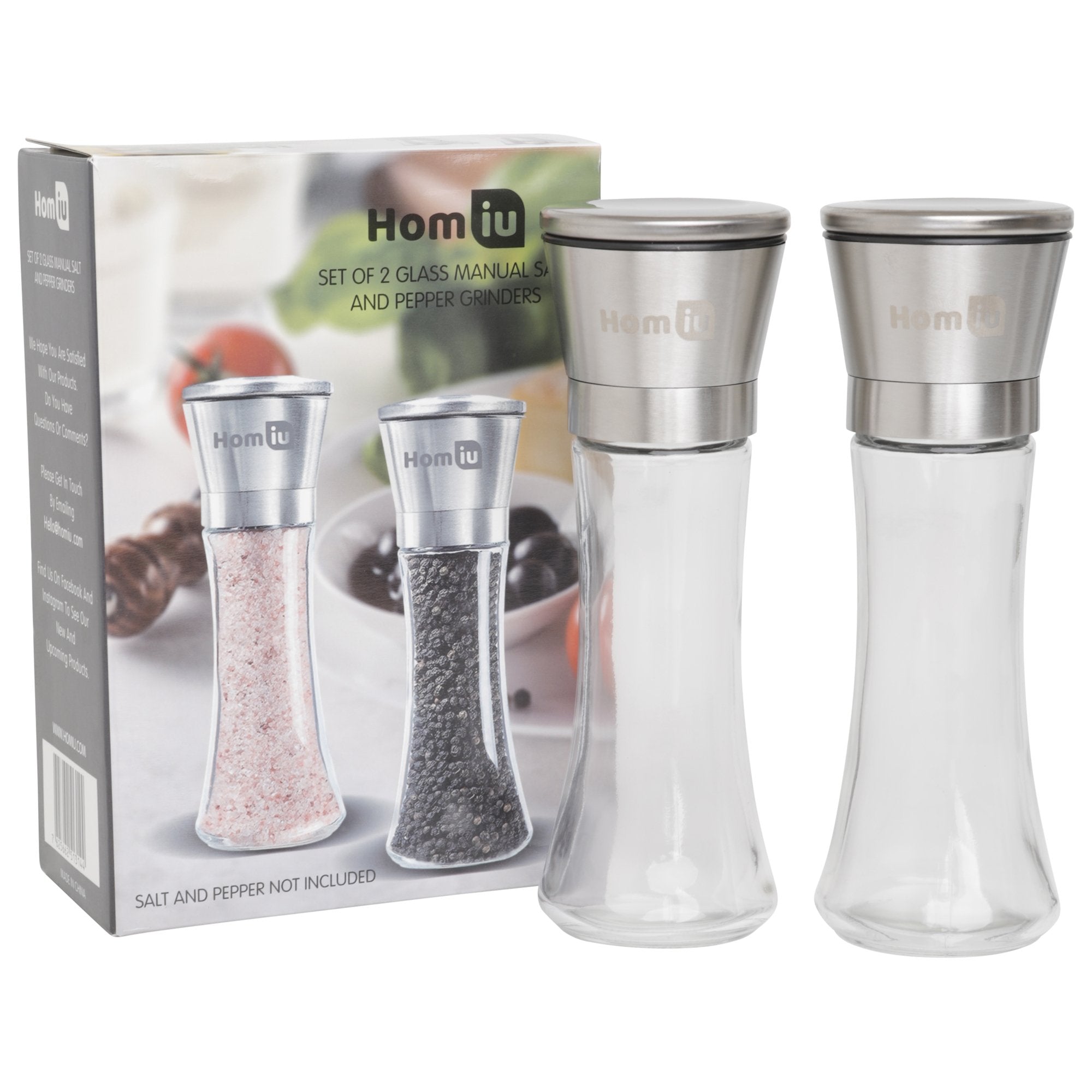 Homiu Salt and Pepper Grinder Mill Set of 2 Stainless Steel Adjustable Handheld Glass Bottle Large  - Very Good