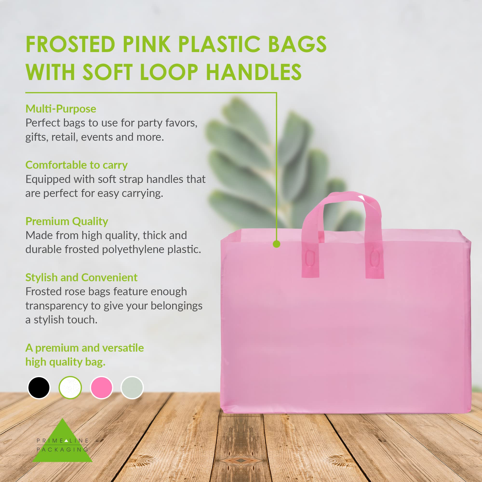 Pink Gift Bags - 100 Pack Large Clear Frosted Rose Plastic Plastic Bags with Handles & Cardboard Bottom, Shopping Bags for Small Business, Boutique, Retail, Merchandise, Take Out Bags, Bulk - 16x6x12