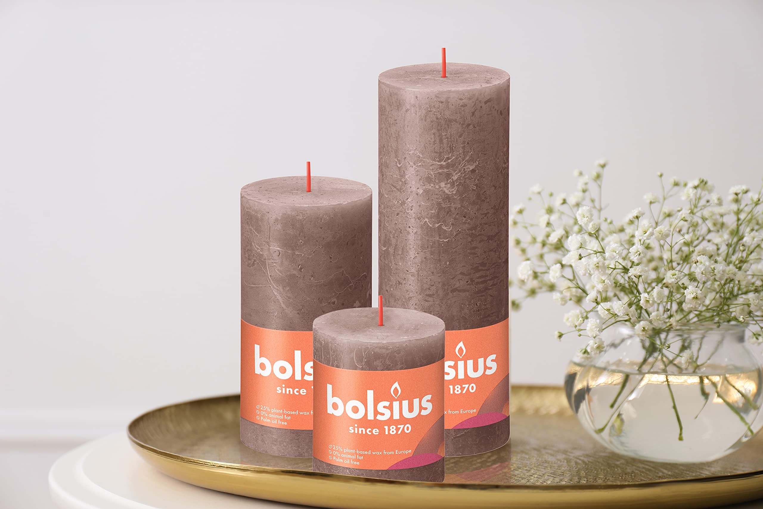 BOLSIUS 4 Pack Taupe Rustic Pillar Candles - 2.75 X 3.25 Inches - Premium European Quality - Includes Natural Plant-Based Wax - Unscented Dripless Smokeless 35 Hour Party and Wedding Candles  - Very Good