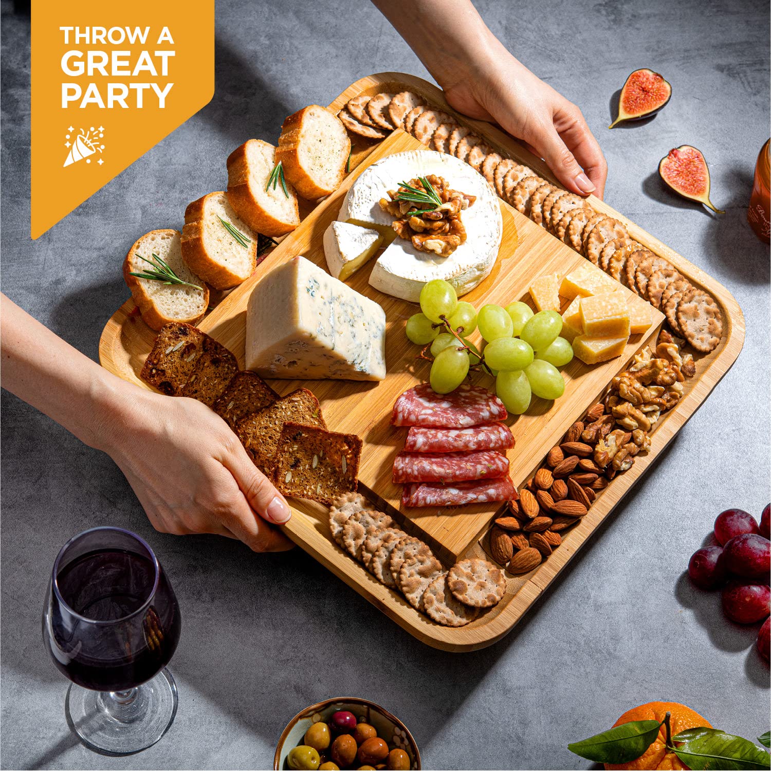 Appetizer Plate & Dessert Plate Large Charcuterie Board Gift Set - Bamboo Cheese Board and Knife Set - Wooden Cheese Board Platter with 4 Cheese Knives - Housewarming, Wedding Gift �  - Like New