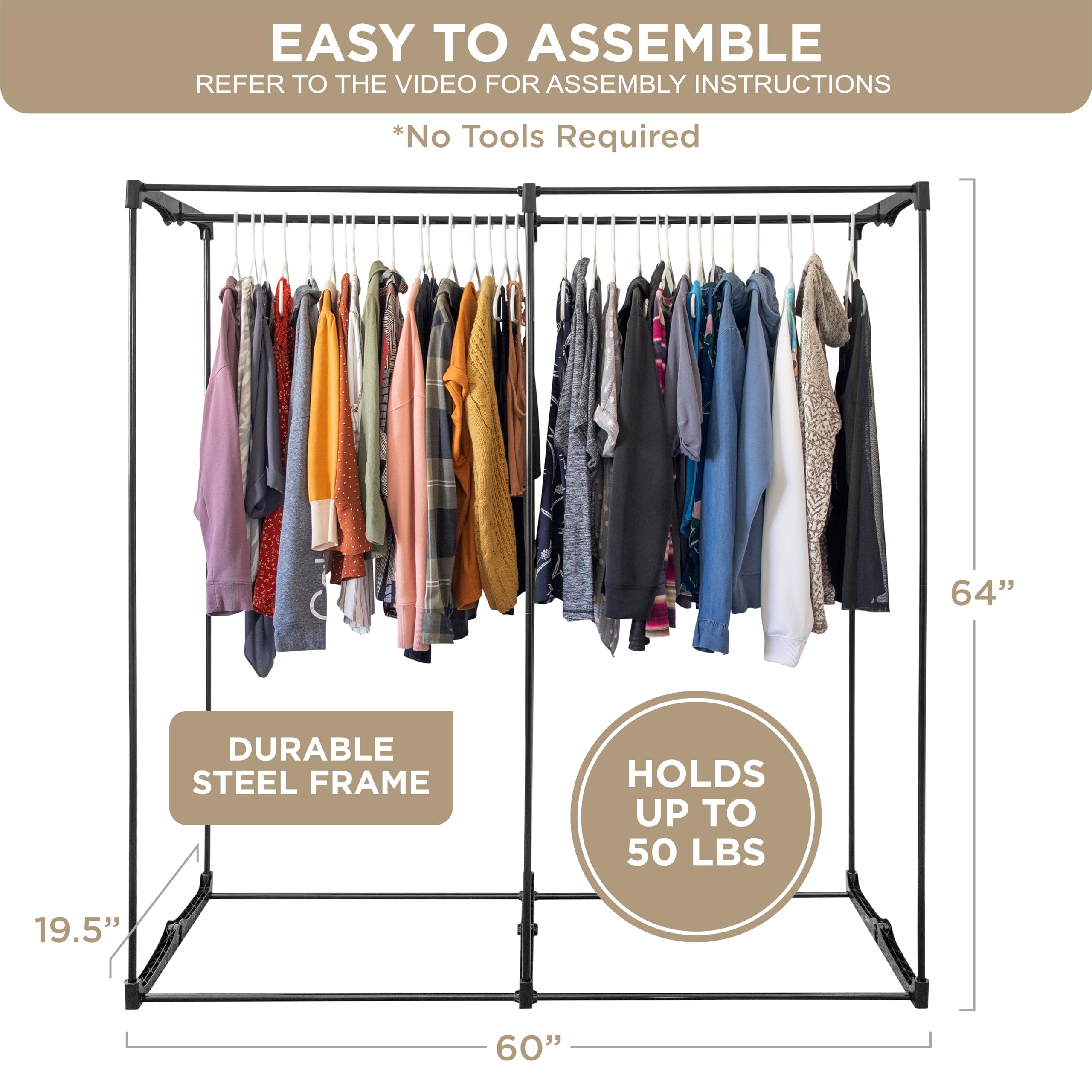 Hold N’ Storage Portable Wardrobe Closet for Hanging Clothes with Gray Cover, Heavy Duty Hanging Rod with 50 Lb. Weight Capacity- Super Easy Assembly, No Tools Required