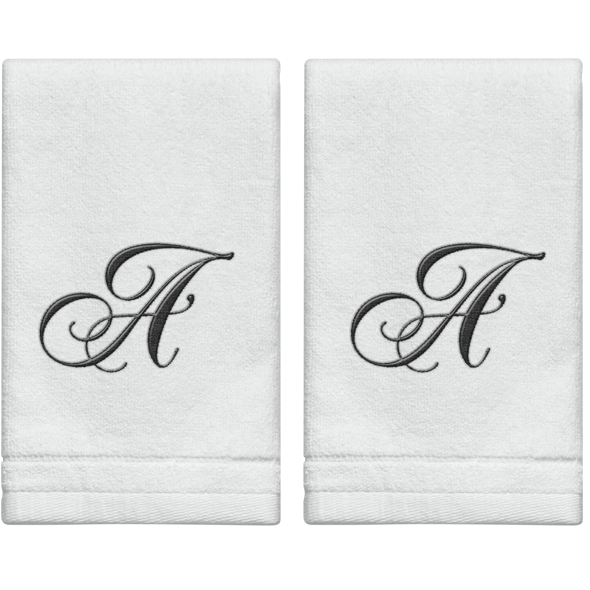 Monogrammed Towels Fingertip, Personalized Gift, 11 x 18 Inches - Set of 2- Black Embroidered Towel - Extra Absorbent 100% Cotton- Soft Velour Finish - For Bathroom/ Kitchen/ Spa (White)  - Like New