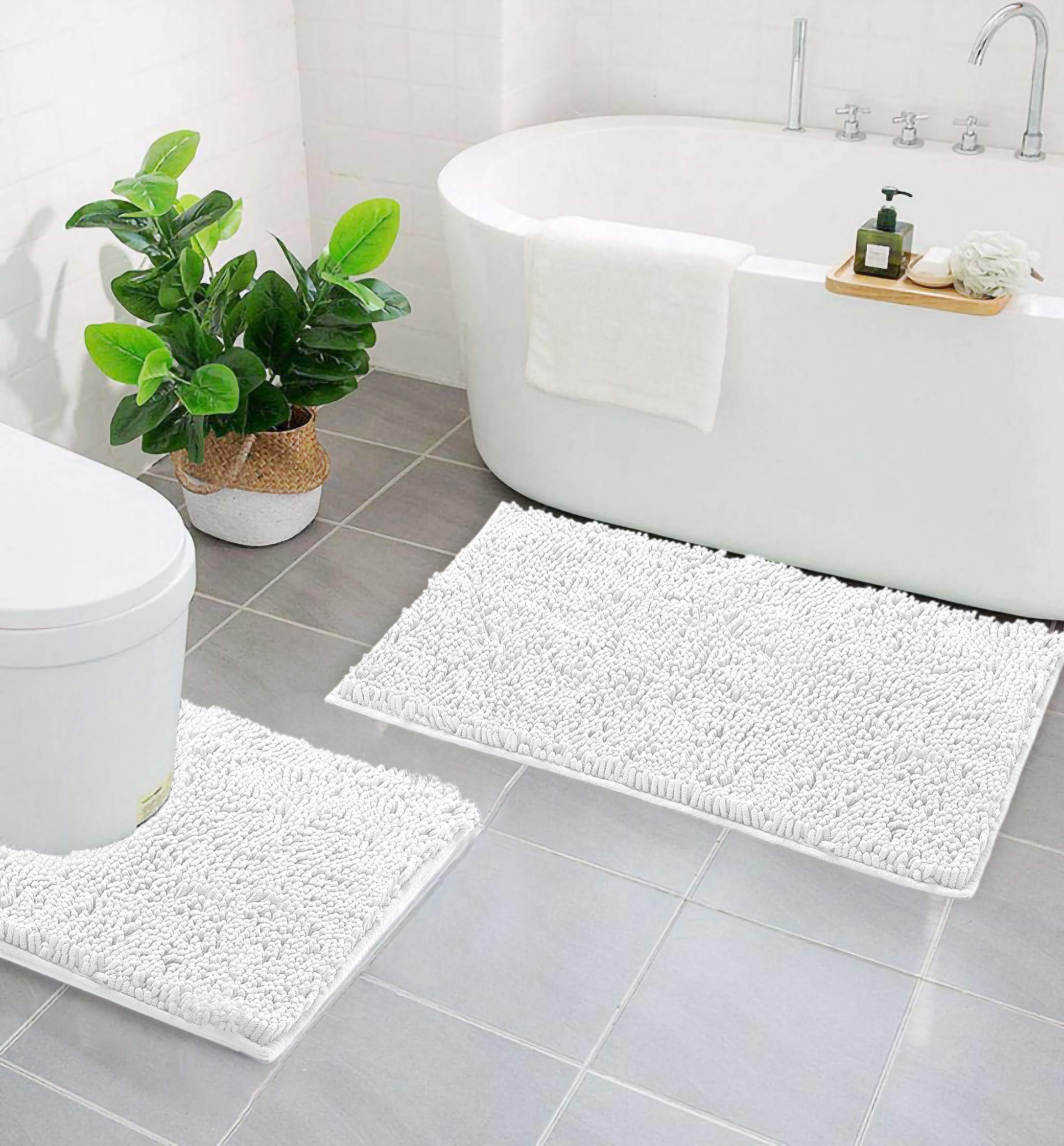 White Bathroom Rugs Sets 2 Piece, Luxury Chenille Bath Mat Set, Soft Plush Anti-Slip Bath Rug + U-Shaped Toilet Mat. Super Absorbent. (31''x 20'' Plus 20'' x 20'' U, White)  - Very Good