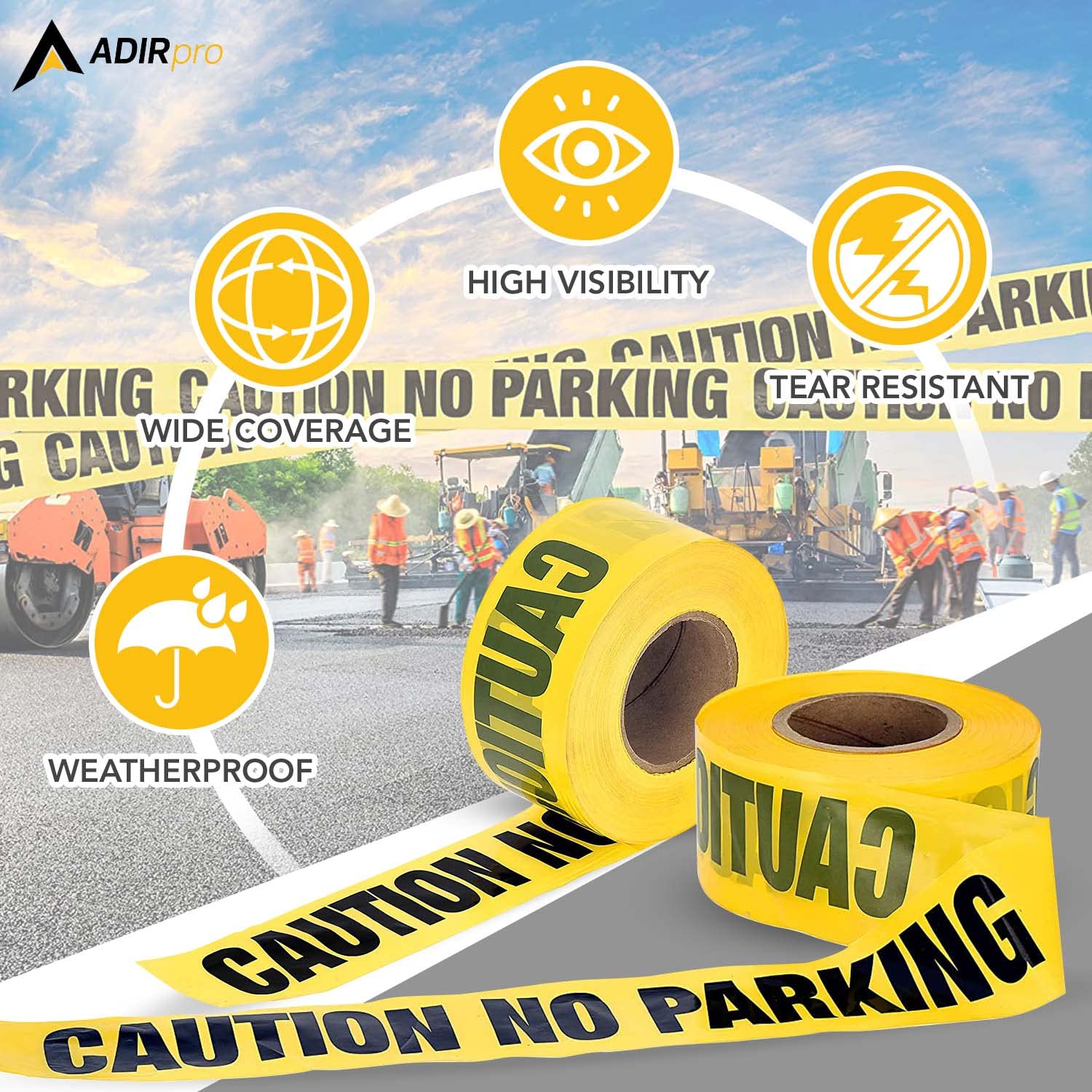 Adir No Parking Caution Tape Roll, 1000 feet - High Visibility 3-inch Bright Yellow Tape with Bold Black Print - No Parking Warning Tape for Construction, Utility Companies, Law Enforcement  - Like New