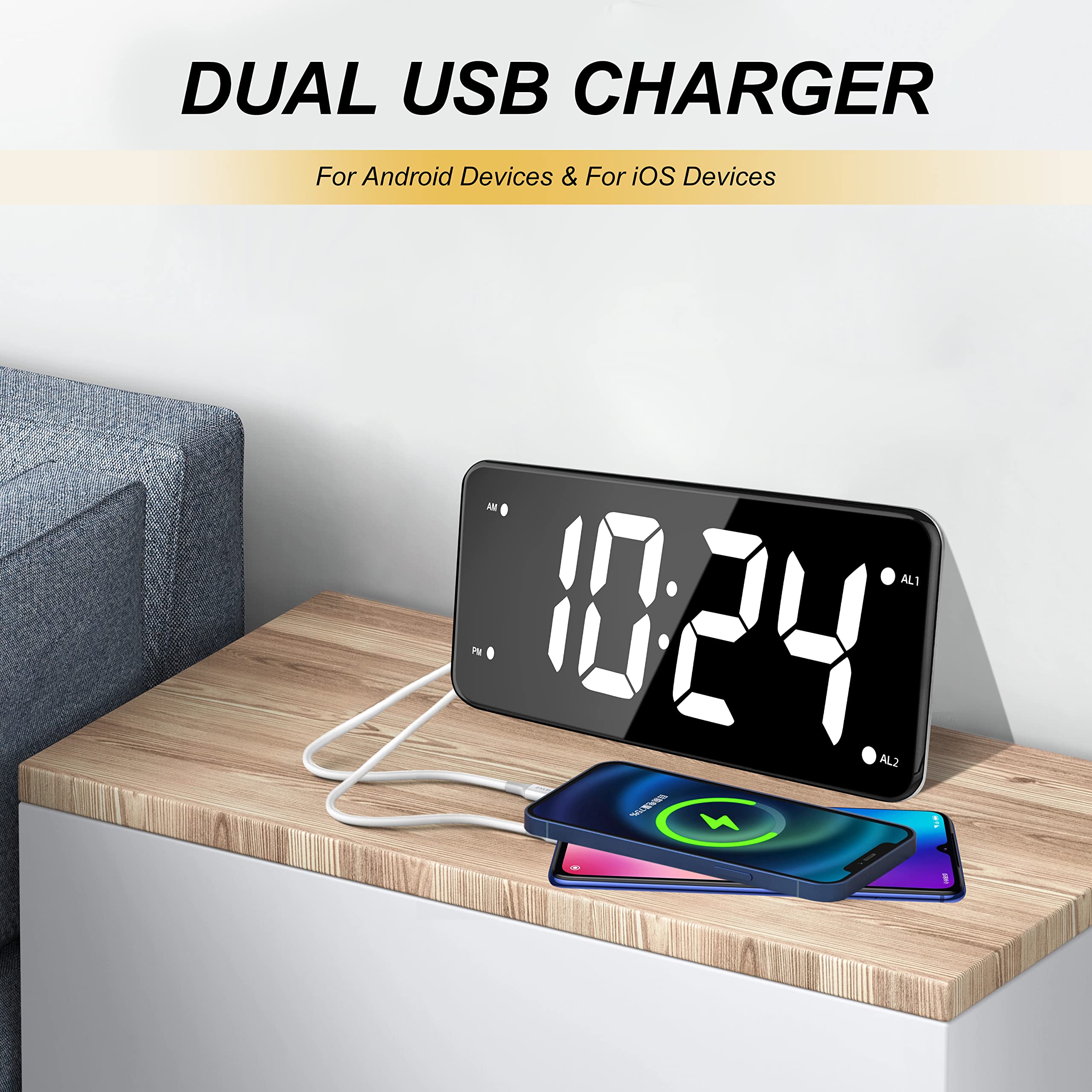 Digital Loud Alarm Clock for Heavy Sleepers Adults with Bed Shaker - Ideal for Hearing Impaired People - Dual Alarm Settings & 2 USB Charger - 7 Inch Display  - Like New