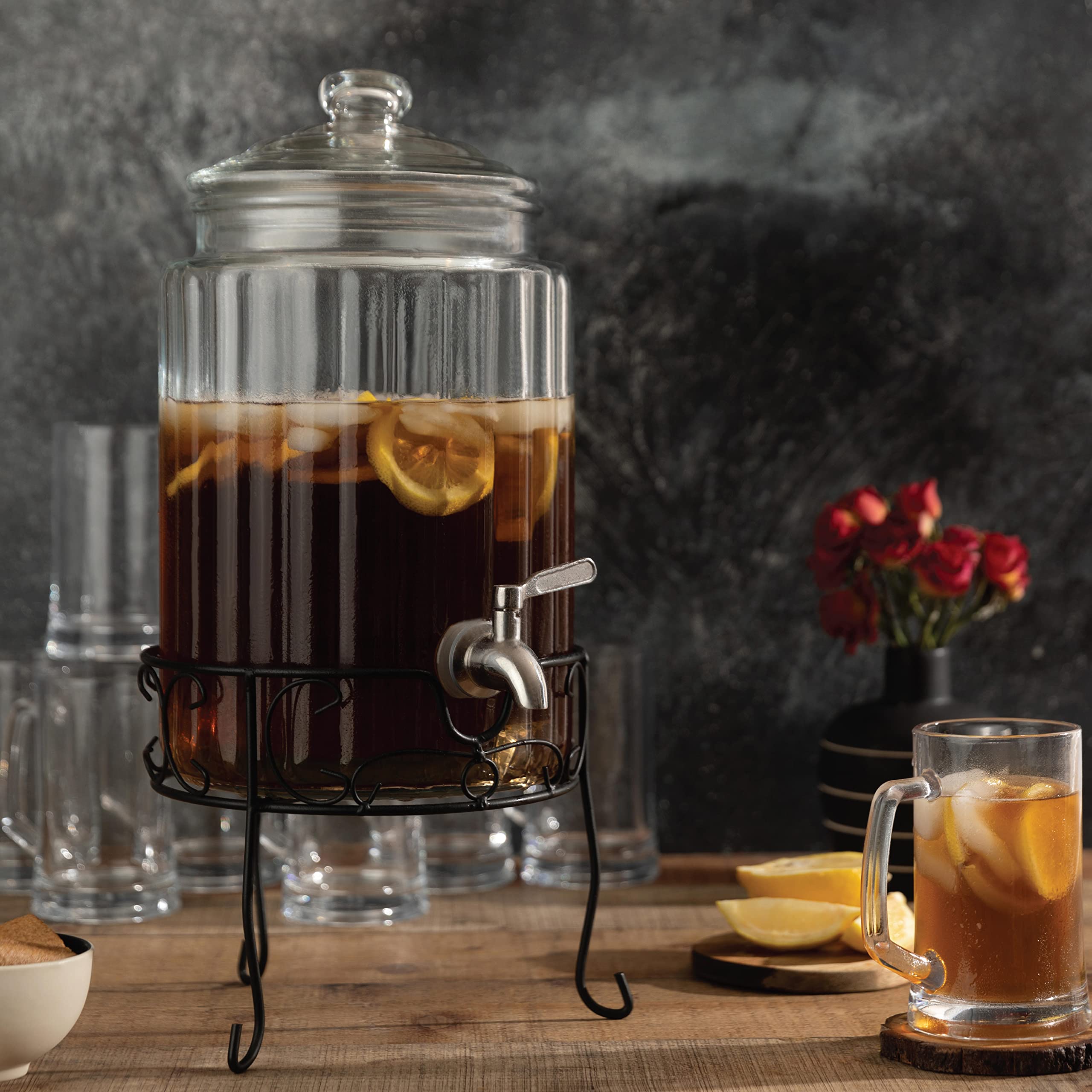 1.5 Gallon Glass Beverage Dispenser with Stainless Steel Spigot on Metal Stand, Mason Drink Dispenser For Parties, Sun Tea, Iced Tea, Water or Kombucha  - Like New