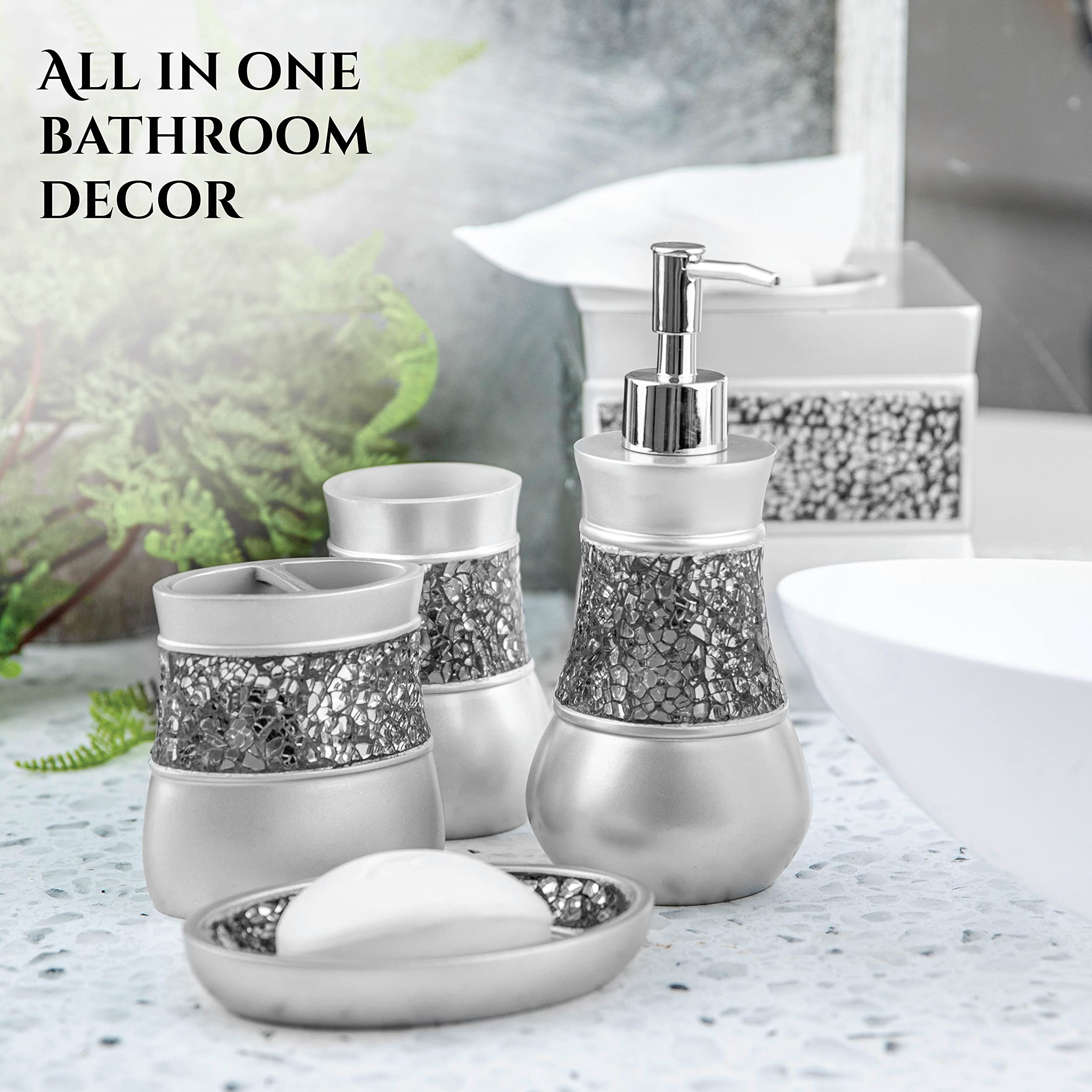 Creative Scents Silver Bathroom Accessories Set Complete - 6 Piece Mosaic Glass Bathroom Accessory Set Includes: Trash Can, Tissue Box Cover, Soap Dispenser, Toothbrush Holder, Soap Dish & Tumbler  - Like New