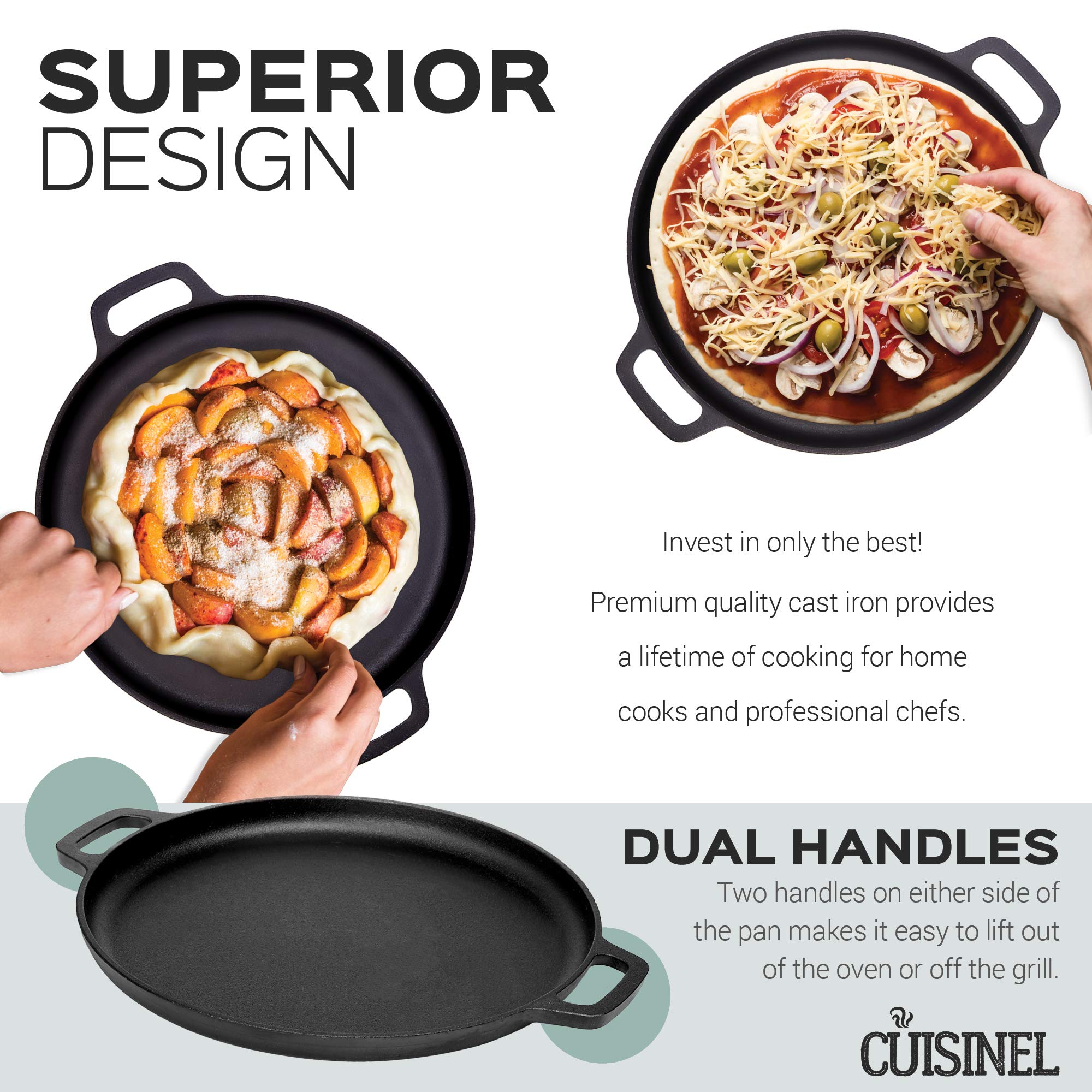 Cuisinel Cast Iron Pizza Pan/Round Griddle - 13.5" Flat Skillet - for Crepes and Frozen Pizza - Pre-Seasoned Comal for Tortillas - Dosa Tawa Roti - Works for Baking, Stove, Oven, Grill, BBQ, Campfire  - Like New