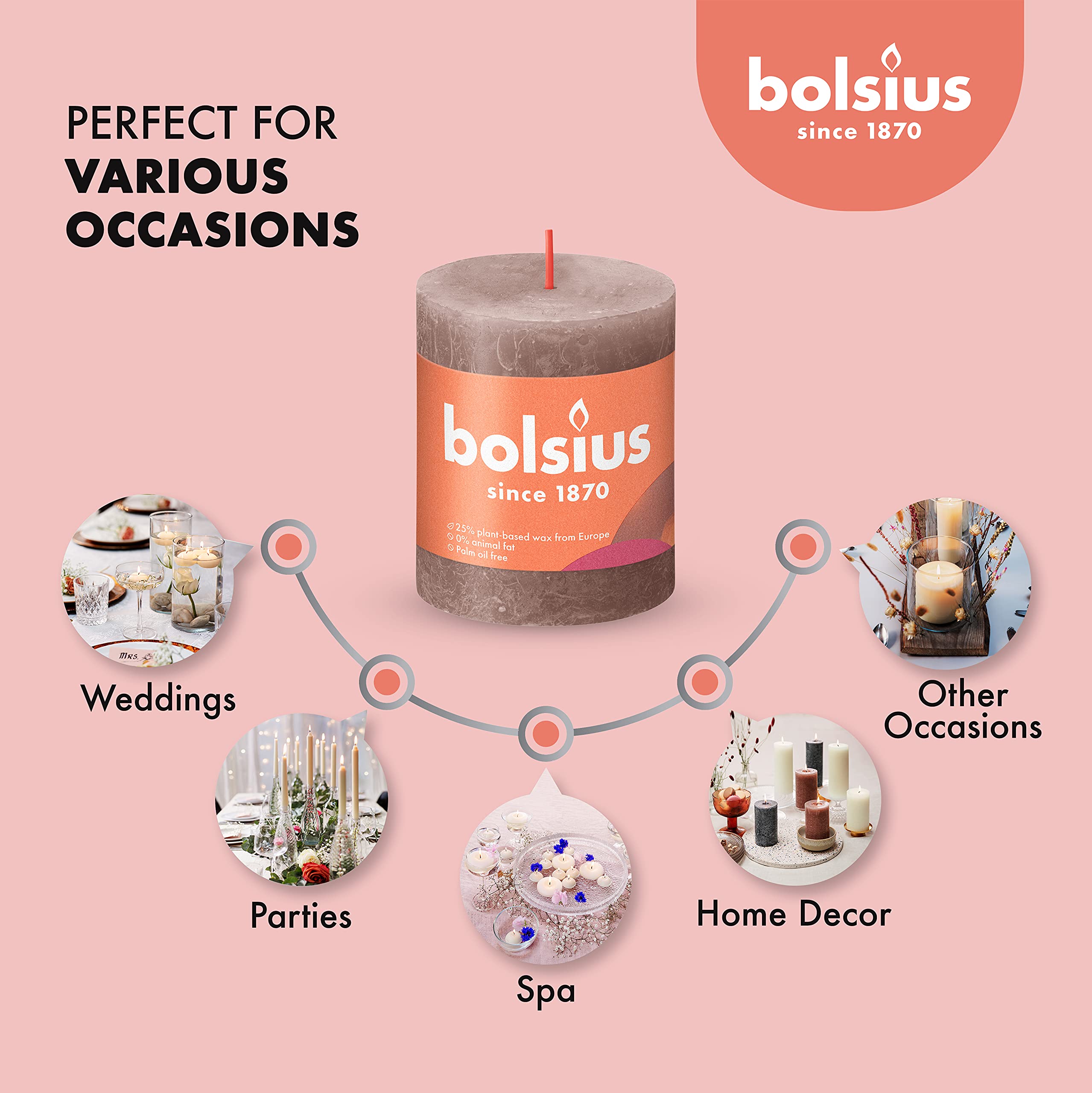 BOLSIUS 4 Pack Taupe Rustic Pillar Candles - 2.75 X 3.25 Inches - Premium European Quality - Includes Natural Plant-Based Wax - Unscented Dripless Smokeless 35 Hour Party and Wedding Candles  - Very Good