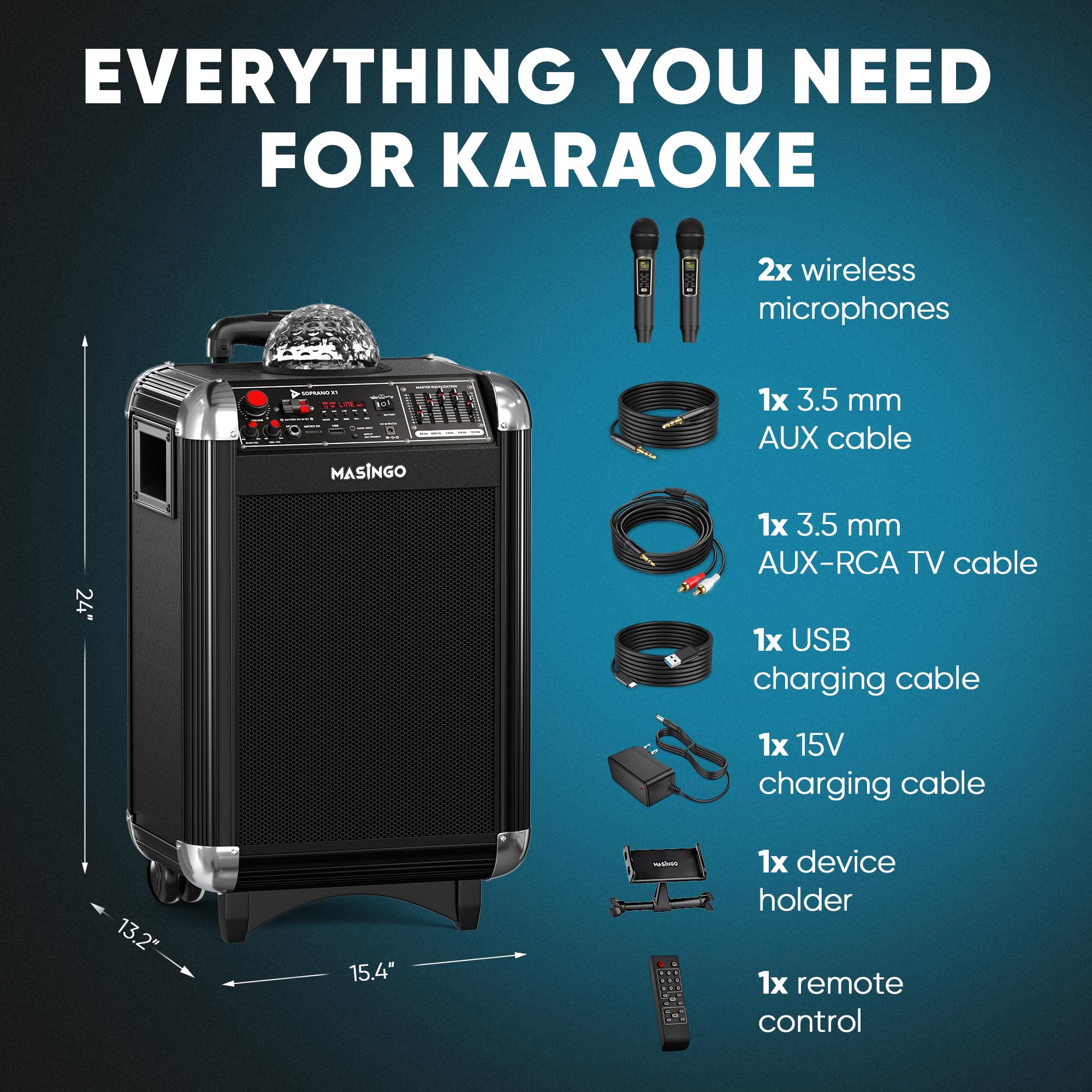 MASINGO Karaoke Machine for Adults and Kids with 2 Bluetooth Wireless Microphones. Portable Singing PA Speaker System with Disco Ball Party Lights, Lyrics Display Tablet Holder & TV Cable. Soprano X1  - Like New