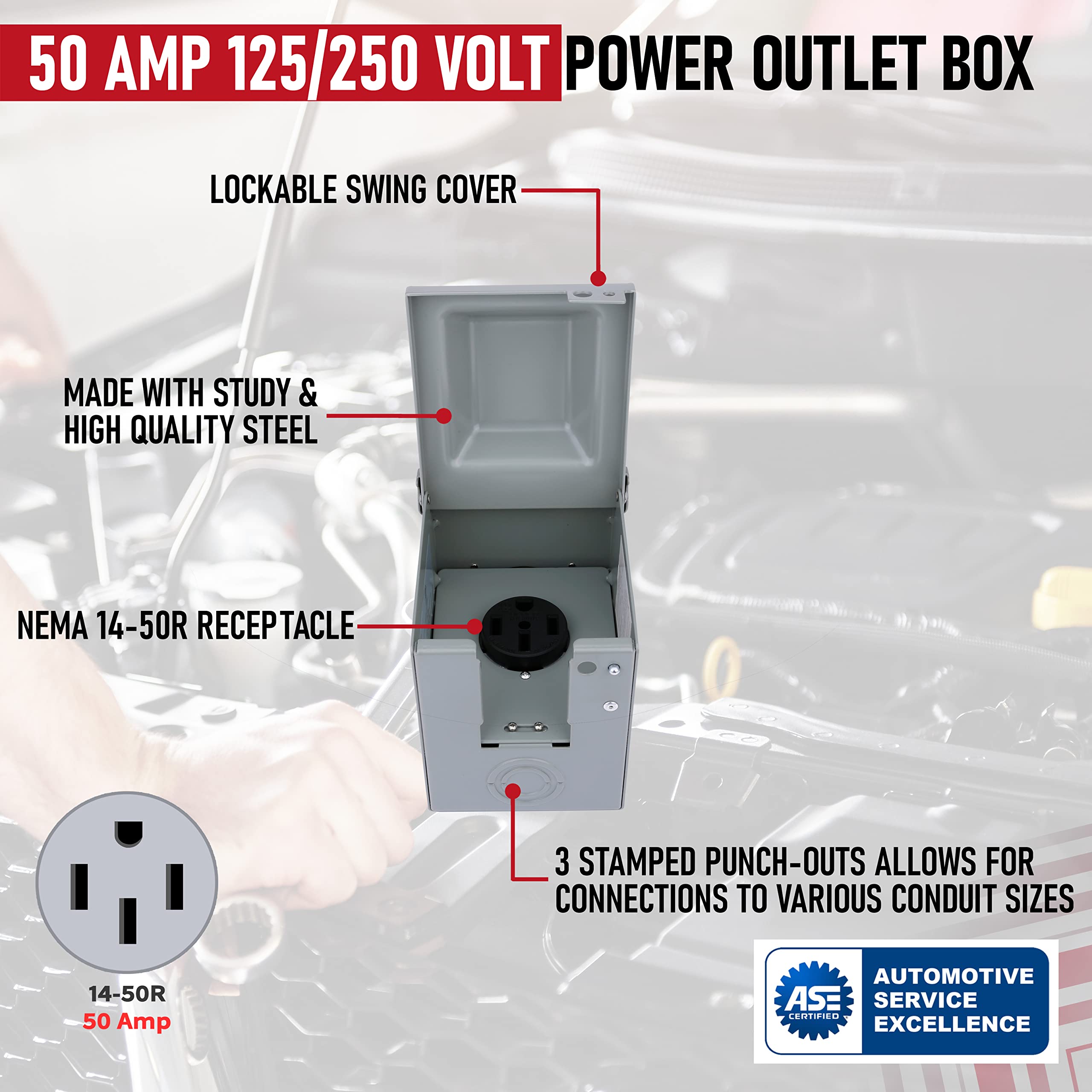 50 Amp 125/250 Volt Power Outlet Box, Enclosed Lockable - for RV, Campers, Motorhome, Travel Trailer, Electric Cars, Generator - 3R Weatherproof Outdoor - NEMA 14-50R Receptacle Panel  - Very Good