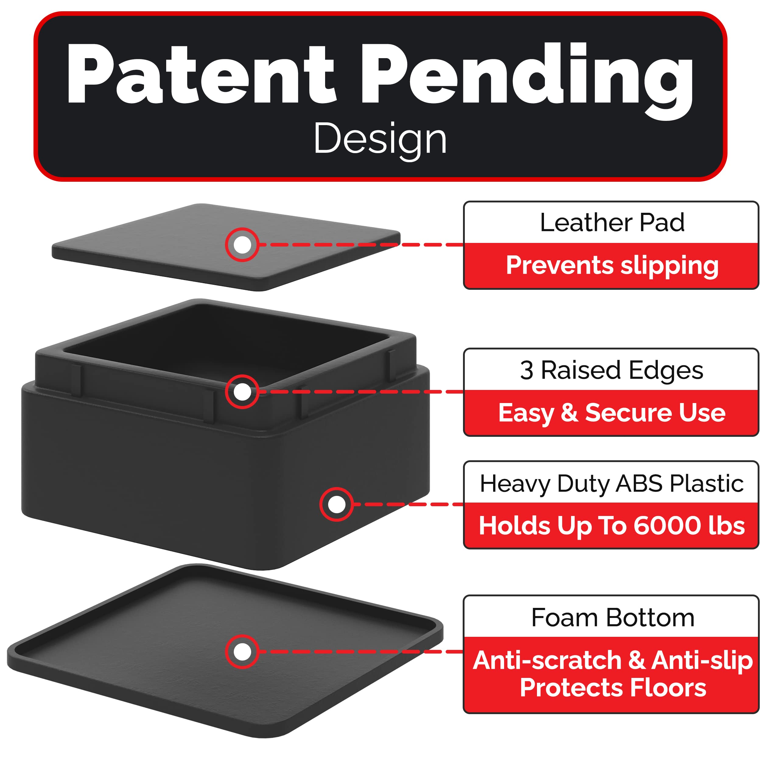 iPrimio Bed and Furniture Risers – Square Elevator up to 2” Per Riser and Lifts up to 10,000 LBs - Protect Floors and Surfaces – Durable ABS Plastic and Anti Slip Foam Grip – Stackable