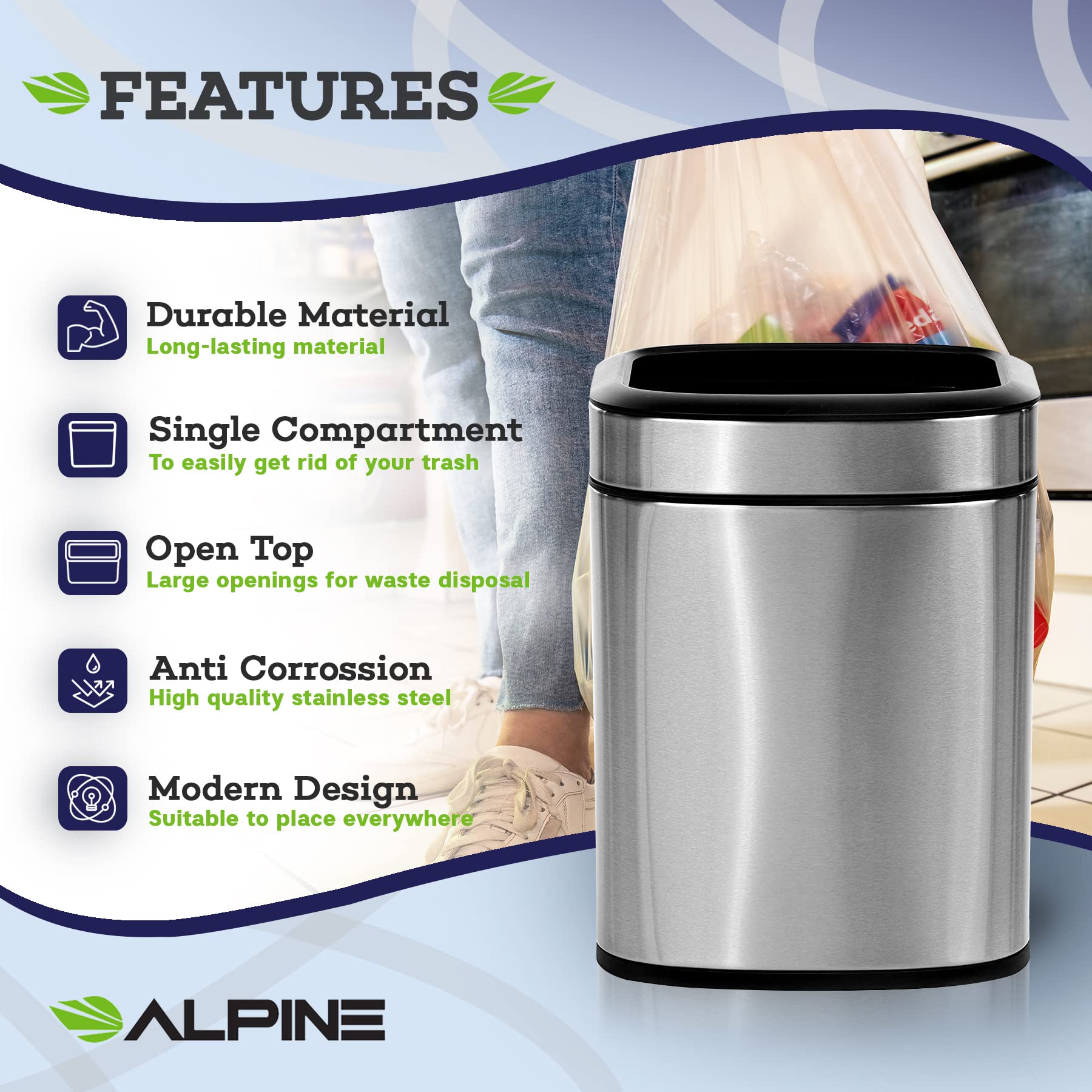 Alpine Industries 6 L / 1.6 Gal Stainless Steel Slim Open Trash Can - Compact Garbage Bin - Wide Access Top Slender Durable Receptacle with Sturdy Plastic Liner  - Like New