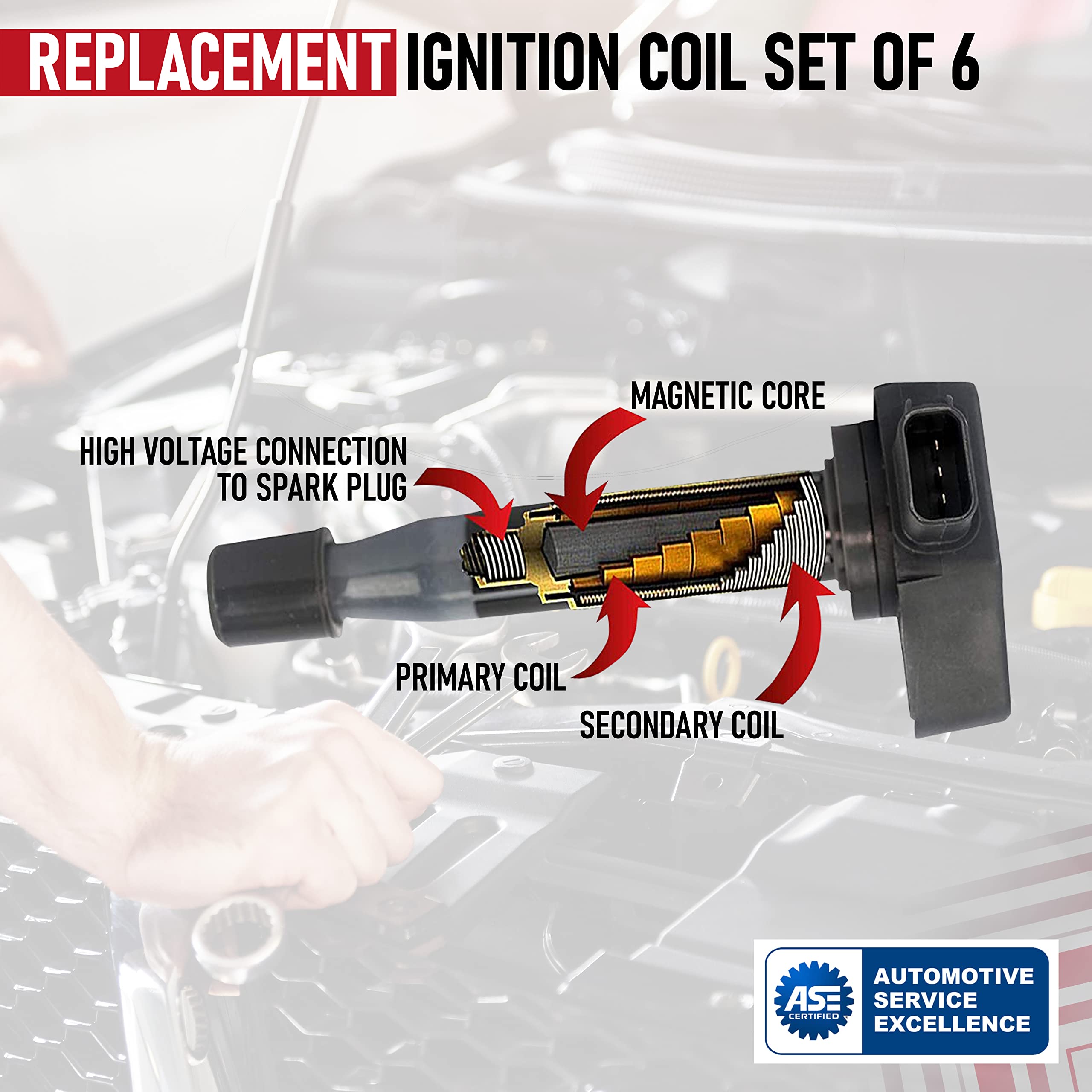 Ignition Coil Pack Set of 6 - Compatible with Honda, Acura, Saturn Vehicles - TL 3.2 V6 1999-2008 - CL, RL 2005-2011 - Odyssey 1999-2010 - Accord V6 - Replaces 610-58547B, 30520-RCA-A02  - Very Good