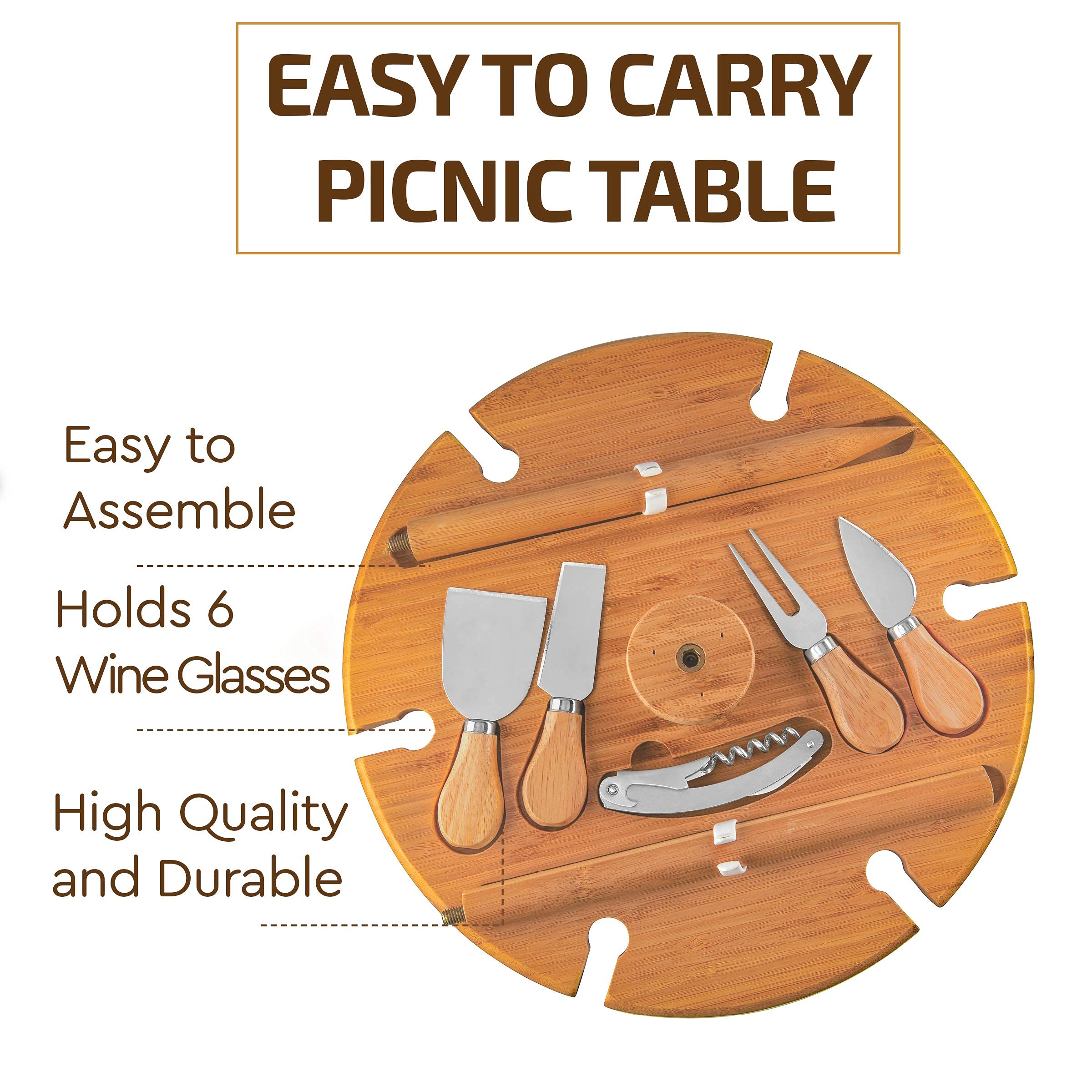 Bamb�si Wine Picnic Table - Portable Outdoor Wine Table with 6 Wine Glasses Holder, Bamboo Wood Charcuterie Board Cheese Tray- Perfect for Beach, Camping, Glamping, Concerts at Park, Wine Gifts  - Like New