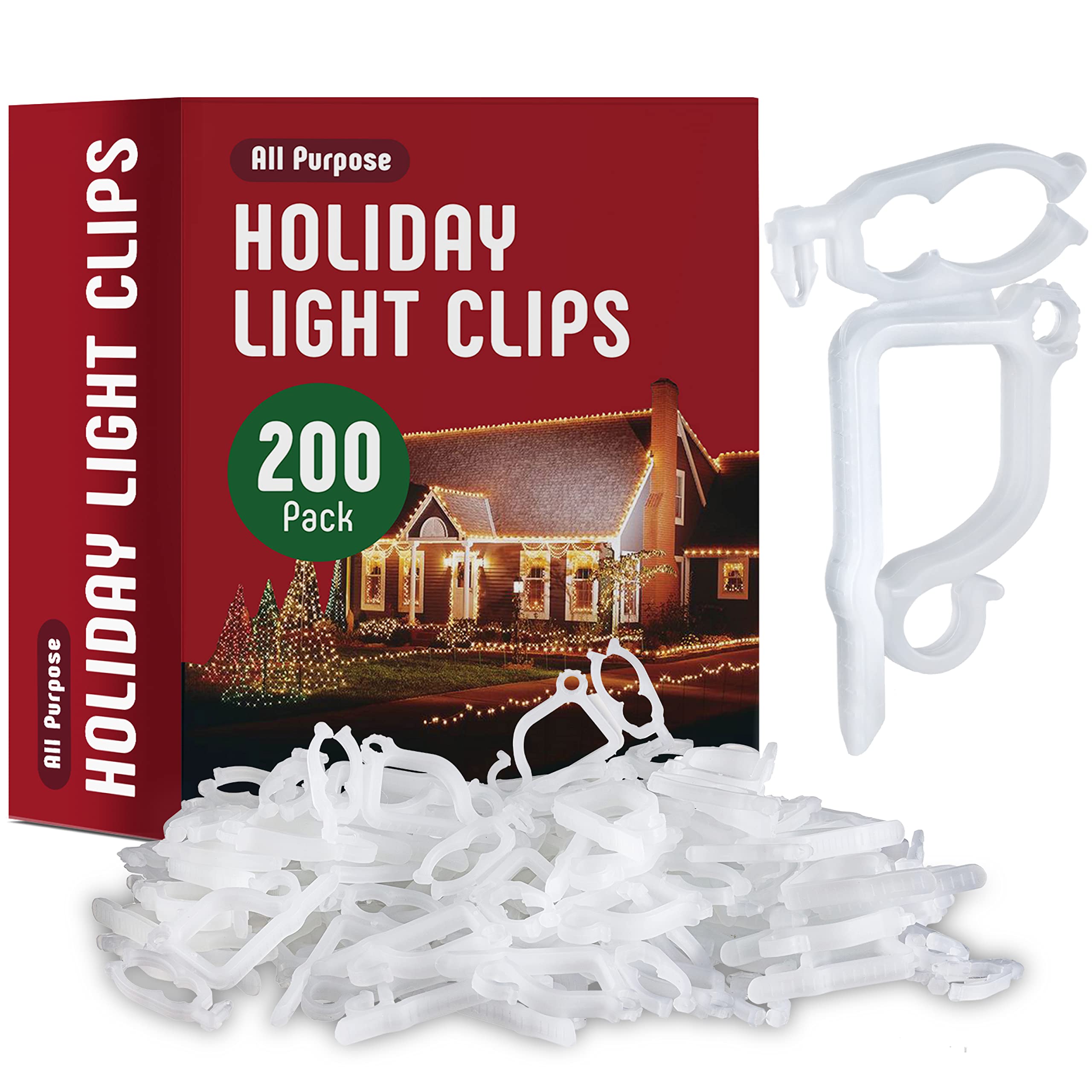 All-Purpose Holiday Light Clips [Set of 200] Christmas Light Clips, Outdoor Light Clips - Mount to Shingles & gutters - Works with Mini, C6, C7, C9, Rope, Icicle Lights - No Tools Required - USA Made