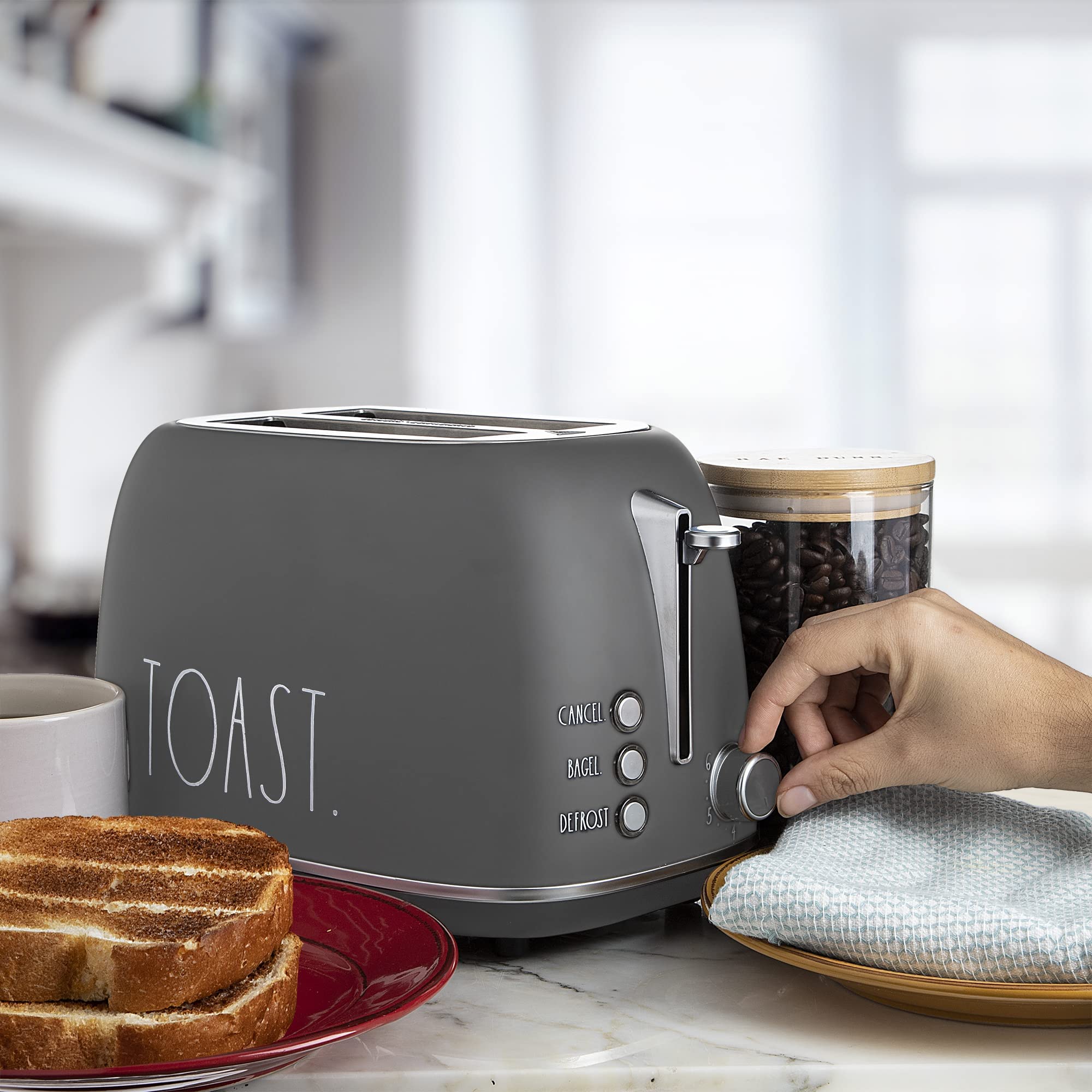 Rae Dunn Retro Rounded Bread Toaster, 2 Slice Stainless Steel Toaster with Removable Crumb Tray, Wide Slot with 6 Browning Levels, Bagel, Defrost and Cancel Options (Grey)  - Very Good