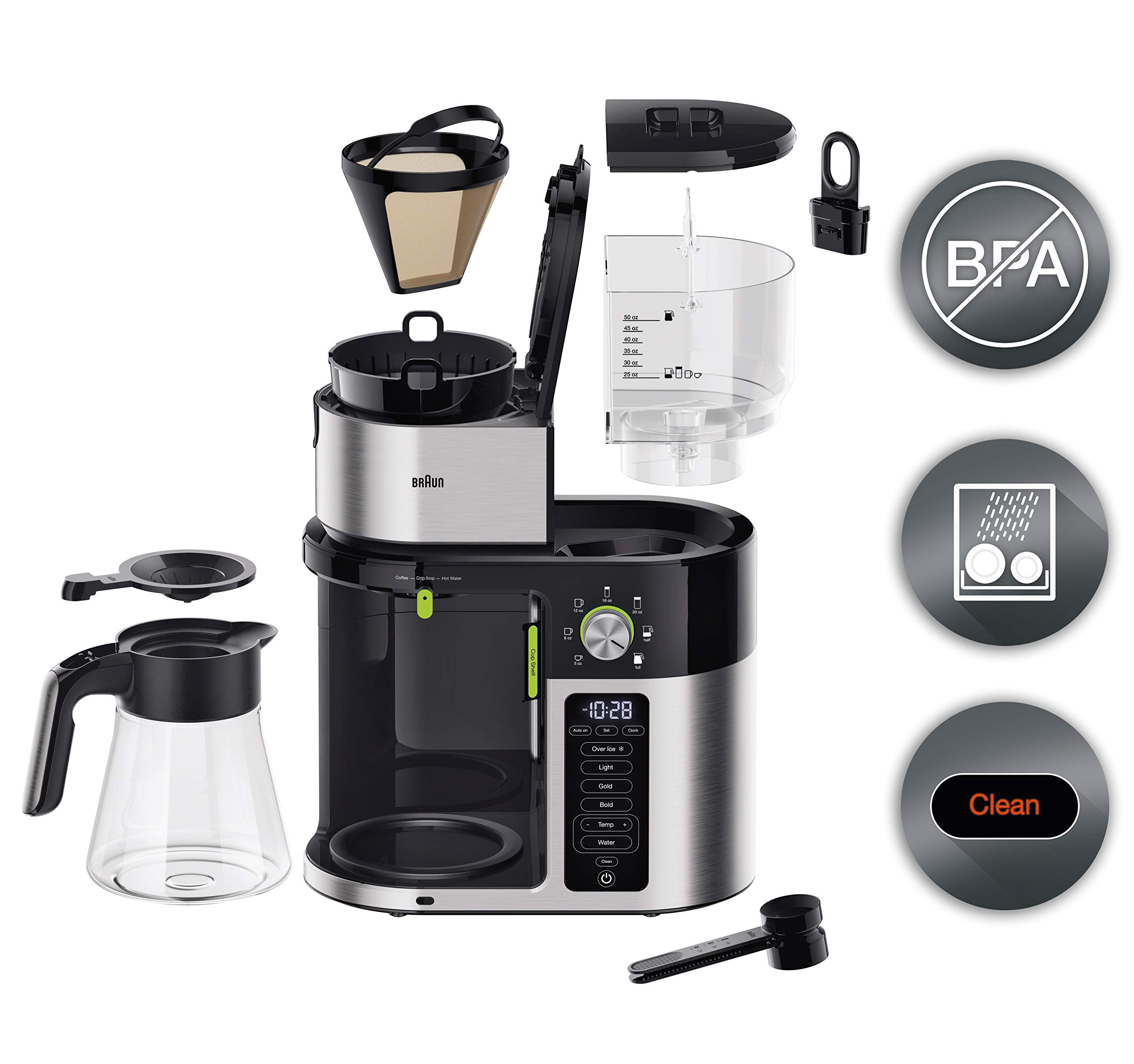 Braun 7 Programmable Brew Sizes / 3 Strengths + Iced Coffee & Hot Water for Tea, Glass Carafe (10-Cup)  - Acceptable