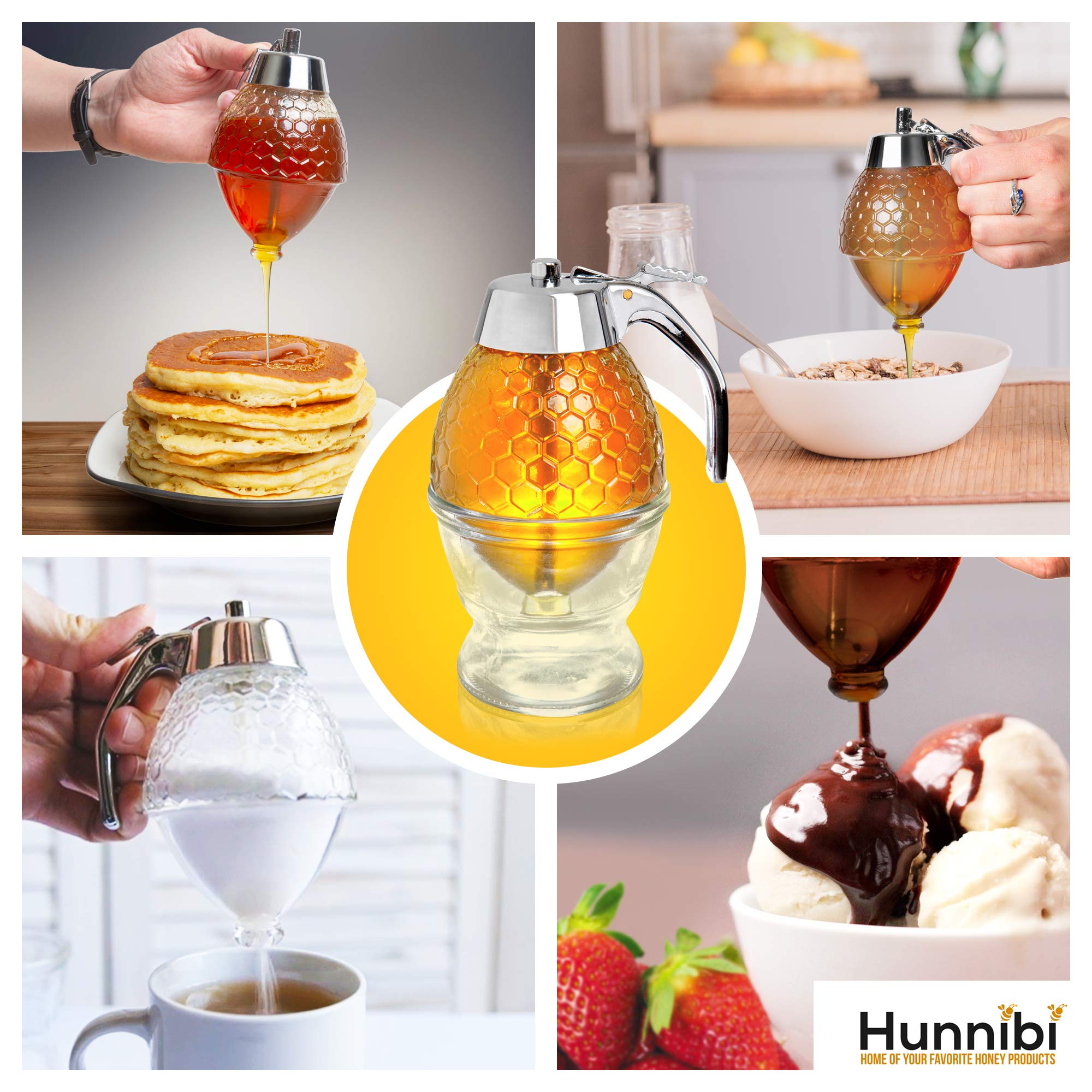 hunnibi Honey Dispenser PLUS - Glass Honey Dispenser No Drip Glass with Stand and STAINLESS STEEL TOP - Syrup Dispenser Glass - Beautiful Honey Pot - Honey Jar with Stand  - Like New