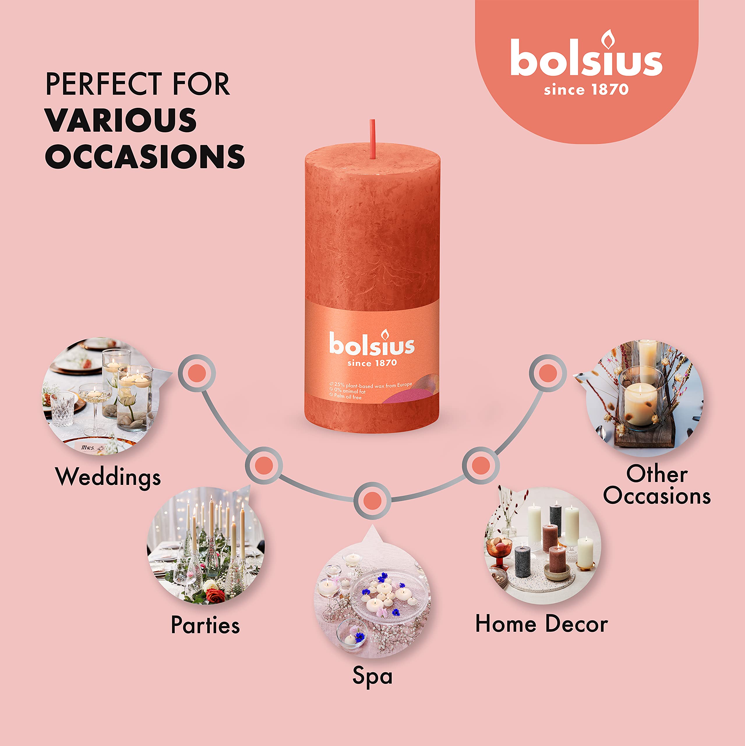 BOLSIUS 4 Pack Orange Rustic Pillar Candles - 2 X 4 Inches - Premium European Quality - Includes Natural Plant-Based Wax - Unscented Dripless Smokeless 30 Hour Party D�cor and Wedding Candles  - Good