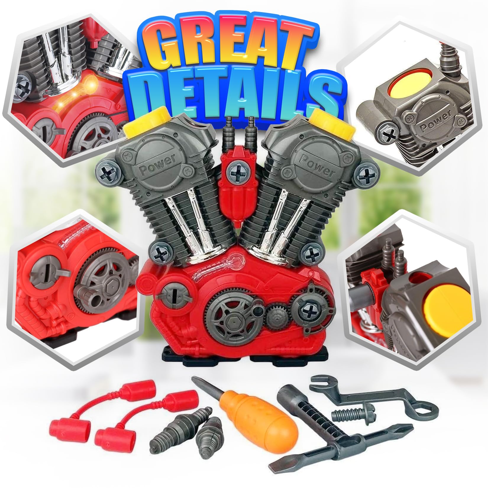 Engine Building Toy Kit with Lights, Sounds & 20+ Mechanic Tools - Educational Boys Gift