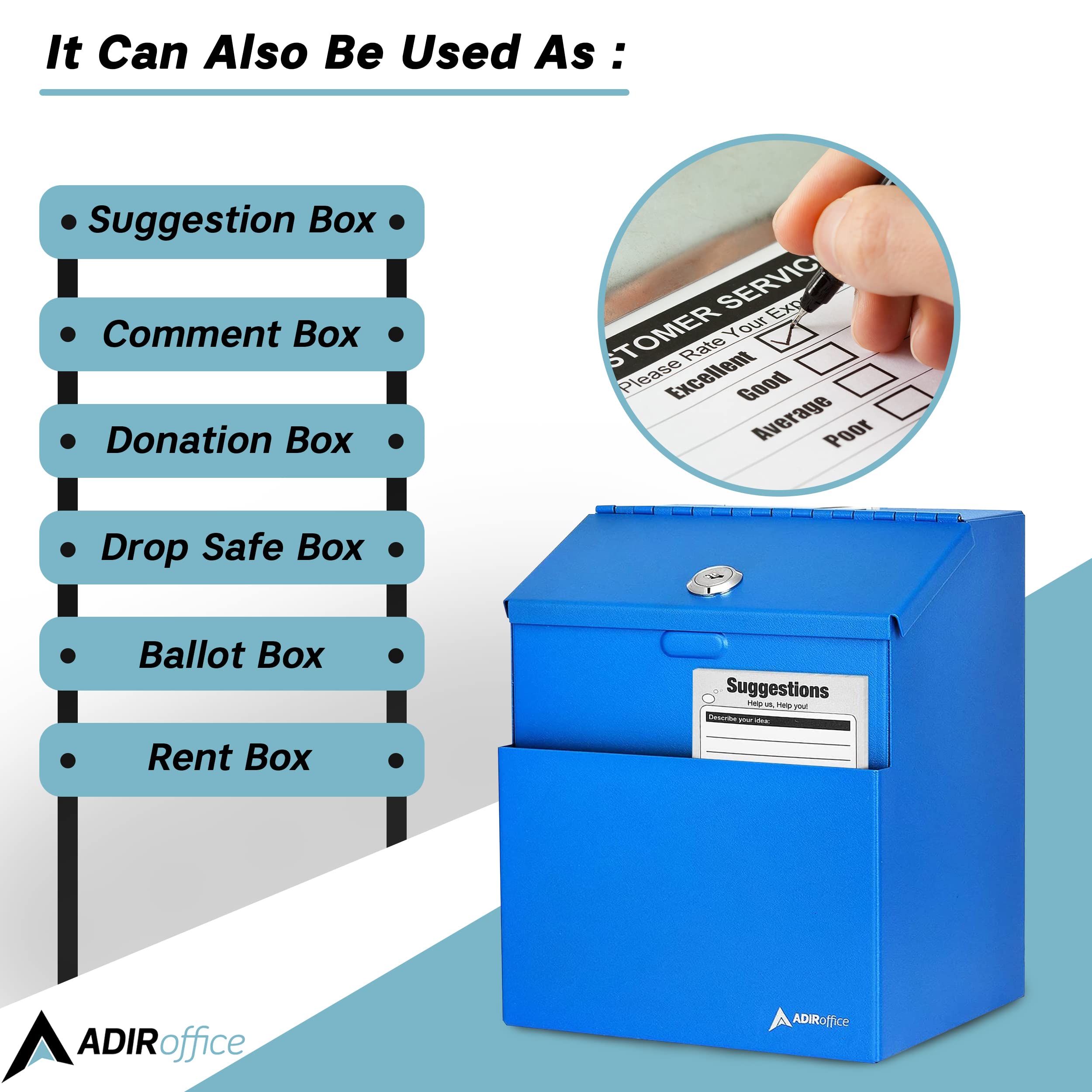 Adir Suggestion Box with Slot and Lock with 25 Comment Cards and Label Stickers, Wall Mounted Metal Donation Box for Fundraising, Tip Cash Drop Box for Money, Ballot Box Blue  - Very Good