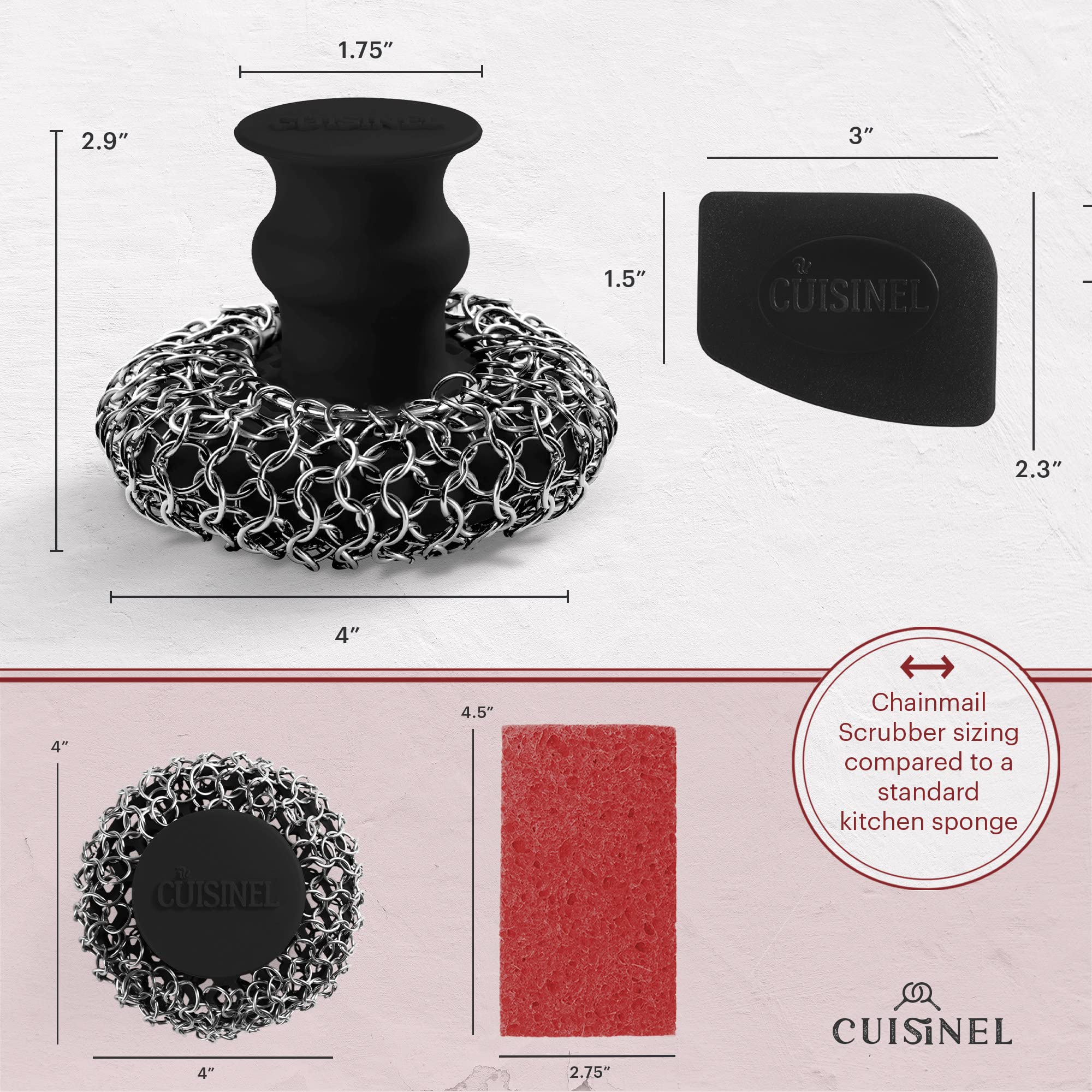 Cast Iron Chainmail Scrubber - Chain Mail Cleaner Brush - Dishes, Pots, Pan Brush - Silicone, Stainless Steel Scrub  - Acceptable