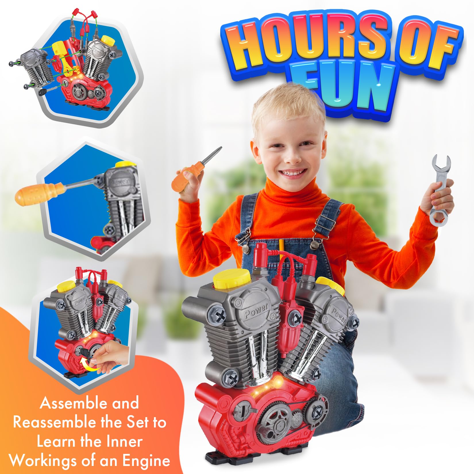 Engine Building Toy Kit with Lights, Sounds & 20+ Mechanic Tools - Educational Boys Gift