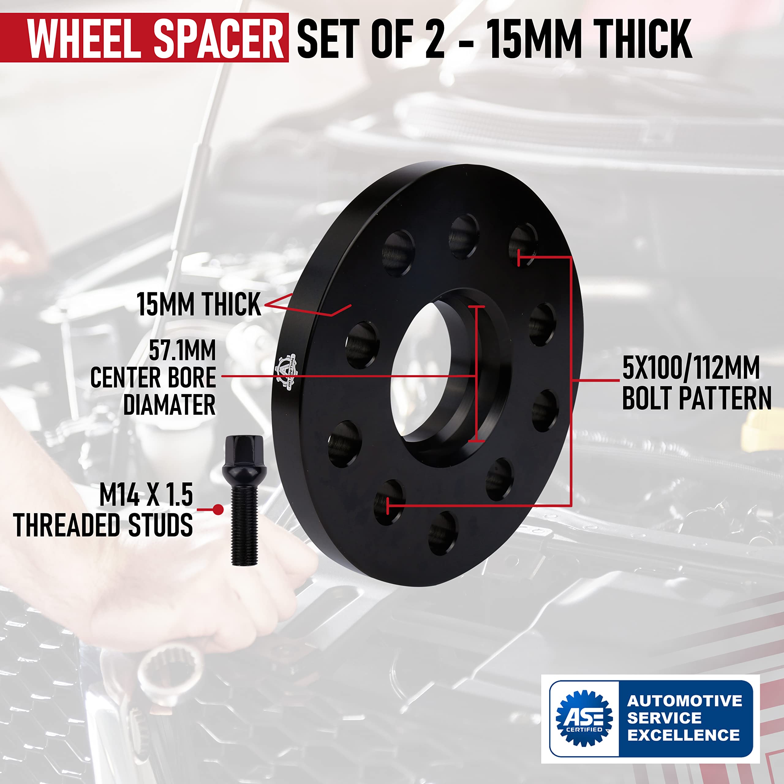 Wheel Spacer Set of 2-5x100 Pattern - 5x112mm Hub Centric 57.1mm Bore - M14 x 1.5 Studs 15mm Thick - Compatible with Audi and Volkswagen - A3, A4, A5, Golf, GTI, Jetta, Passat, Tiguan, Bettle  - Like New