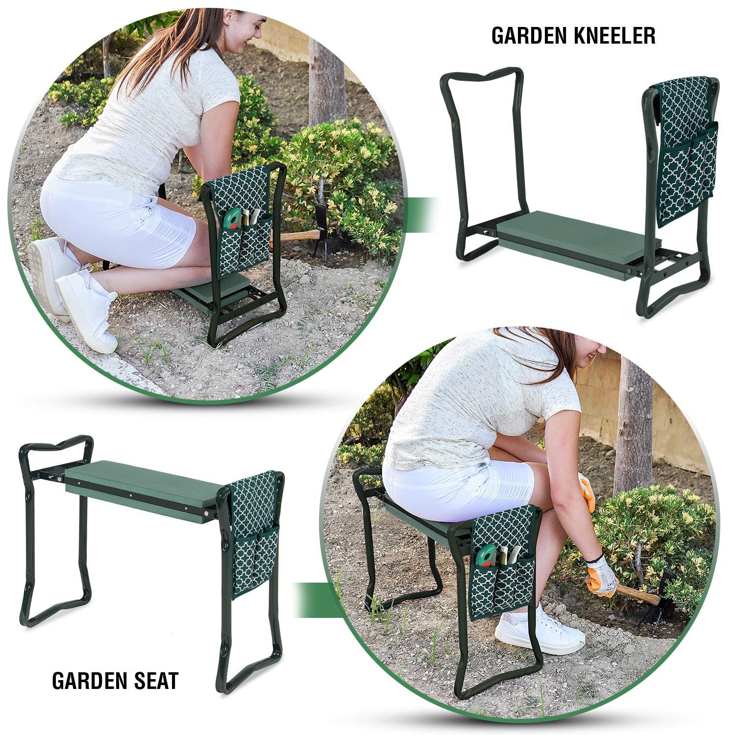 Garden Kneeler and Seat - Protects Knees, Clothes From Dirt and Grass Stains - Foldable Stool For Easy Storage - EVA Foam Pad -Sturdy, Lightweight Bench with Designed Tool Pouch -Free Gloves Included  - Very Good