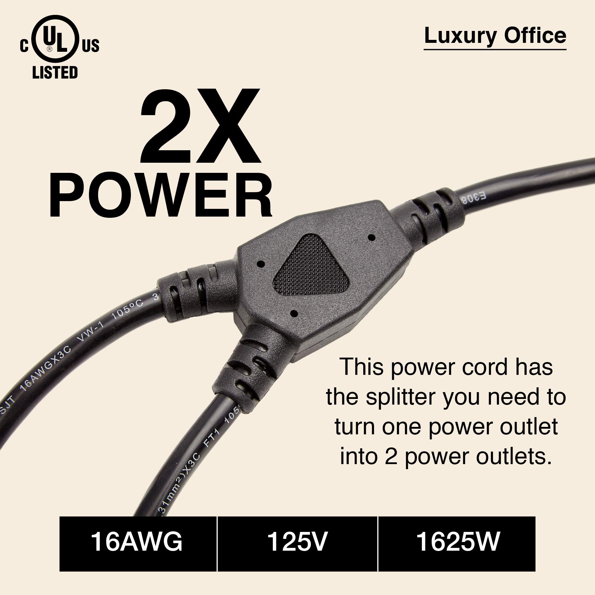 2 Way Power Splitter and 1' Extension Cord - 1 to 2 Cable Strip with 3 Pronged Outlet and Y Style Extension Cord – Black - SJT 16 AWG – by Luxury Office  - Like New