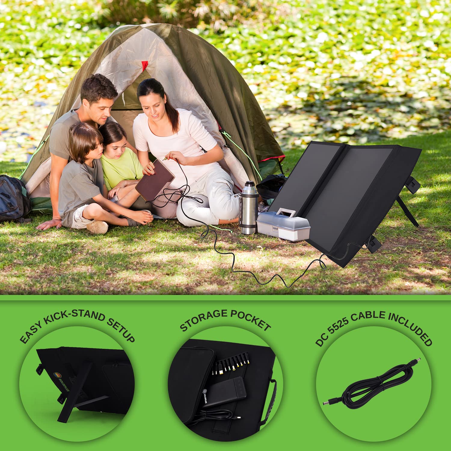 100 Watt Portable Solar Panel for Camping with Power Bank - Foldable ETFE Lightweight Solar Panel with 1 USB QC 3.0 5V/3A , 1 USB 5V/3A, DC5525 plus 10 DC connectors - Includes 10000mAh Power Bank  - Like New