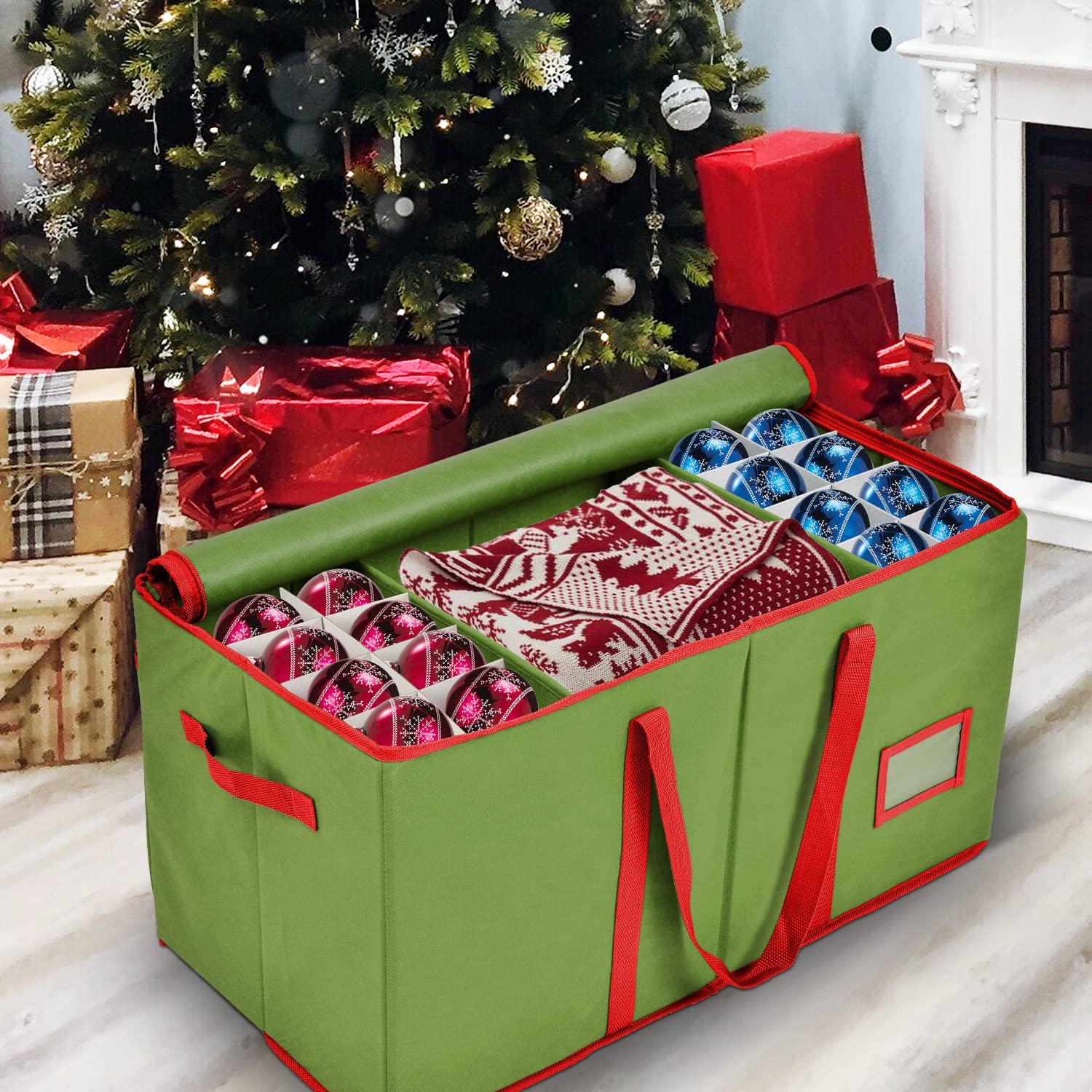 Holiday Cheer Premium Christmas Ornament Storage – Christmas Storage Container Perfect for Holiday Decorations and Ornament Storage Box – Fits 128 Holiday Ornaments – Tear-Proof Fabric  - Like New