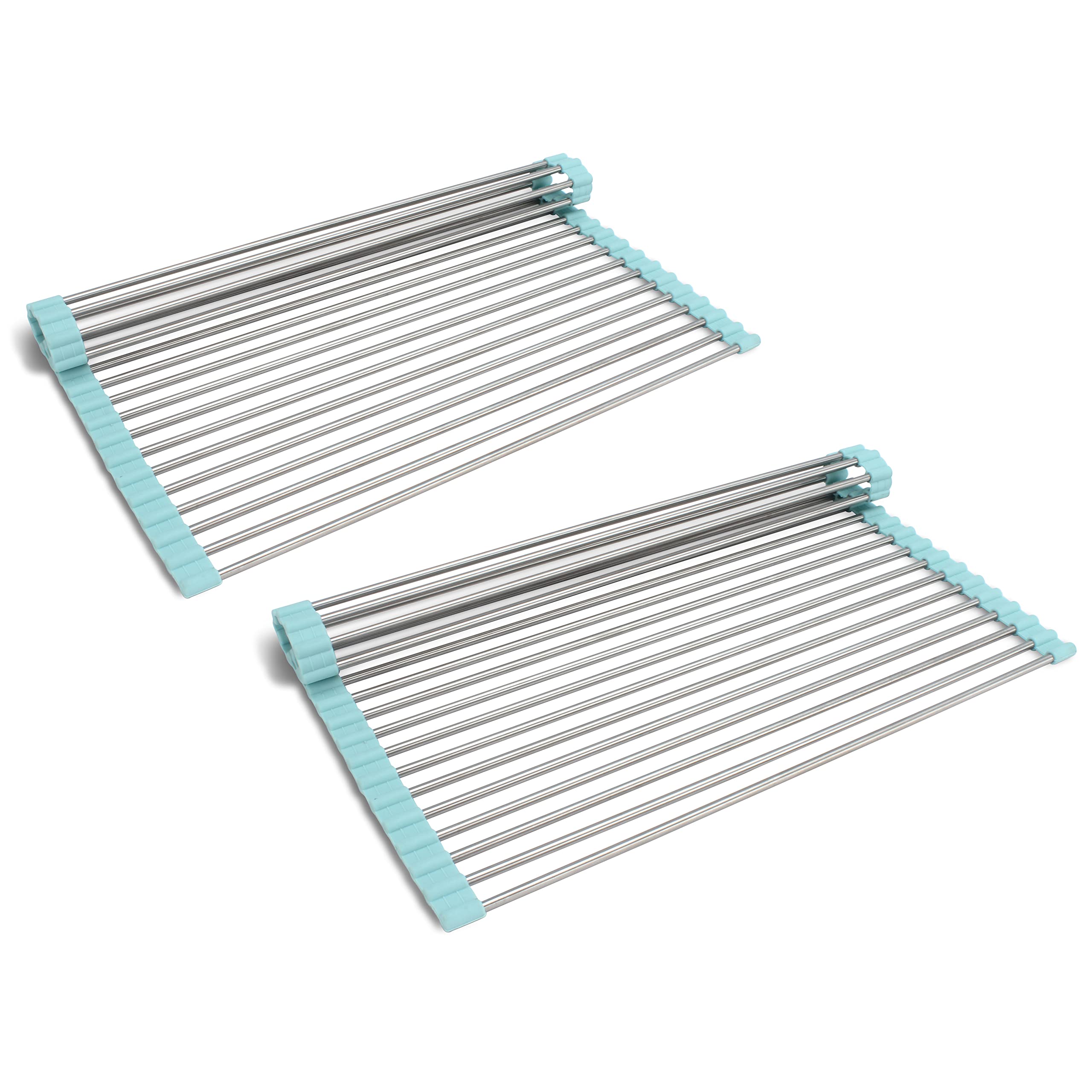 COOK WITH COLOR Roll Up Dish Rack- 2 Pack Over The Sink Mat for Drying Dishes - Silicone Wrapped Stainless Steel Rods (15" x 17.5") - Versatile Roll Up Trivet & Dish Drying Rack for Kitchen  - Like New