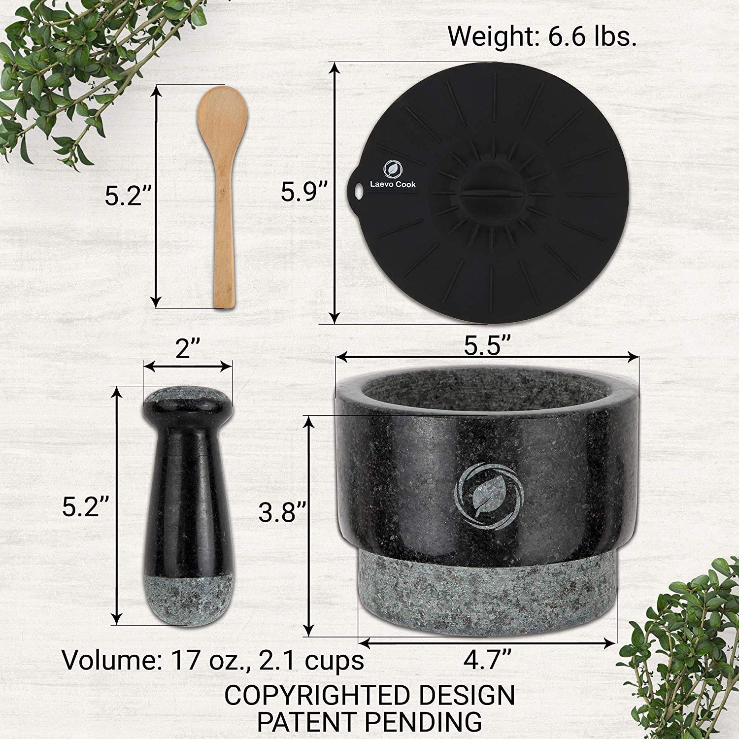 Laevo Mortar and Pestle Set (Large) | Stone Spice Grinder | 2.1 Cup Capacity | 5.5 inch | Reversible | Molcajete Mexicano | Guacamole, Pesto, Spices | Large Mortar & Pestles | Gift Set  - Like New