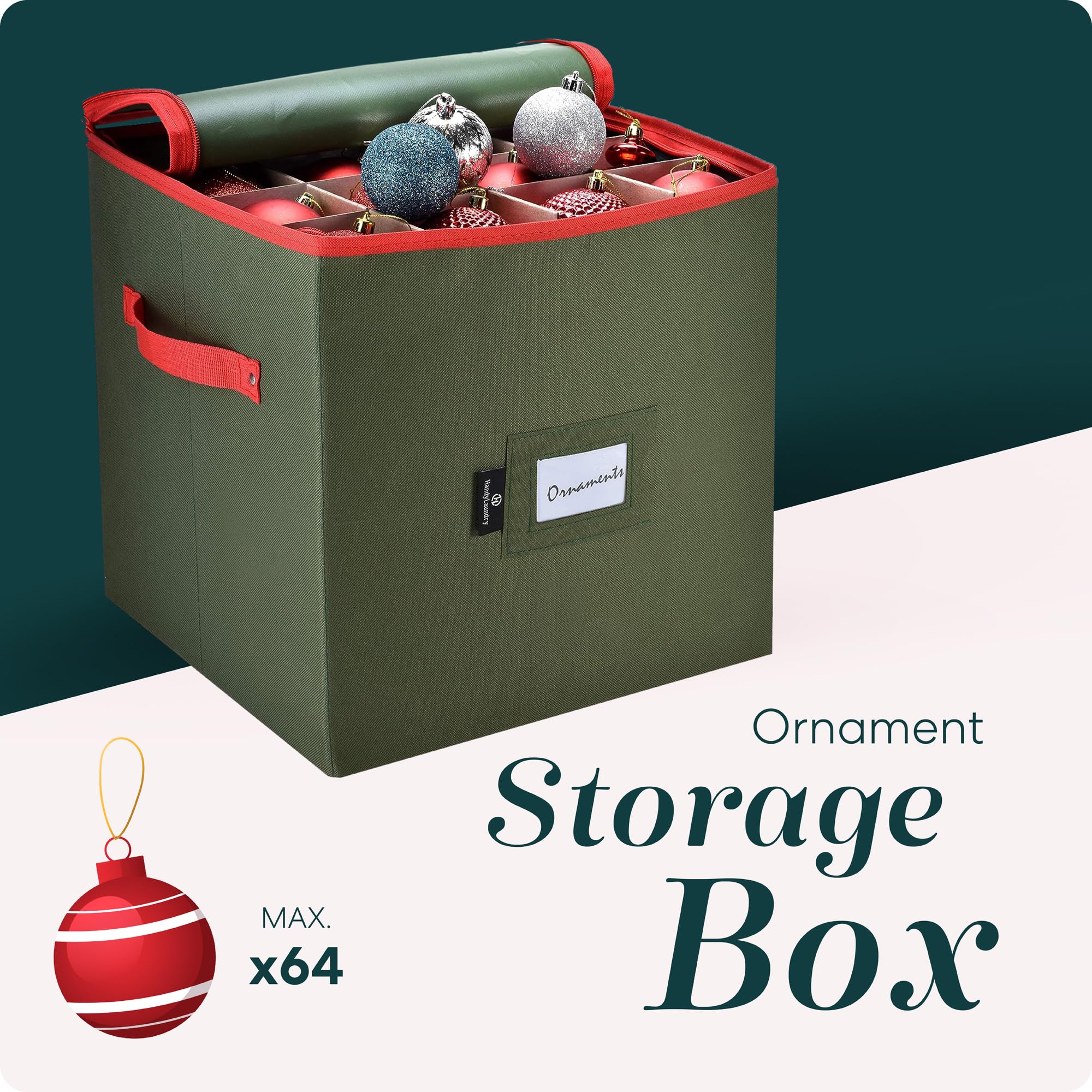 Christmas Ornament Storage - Stores up to 64 Holiday Ornaments, Adjustable Dividers, Covered Top, Two Handles. Attractive Storage Box Keeps Holiday Decorations Clean and Dry for Next Season.  - Like New