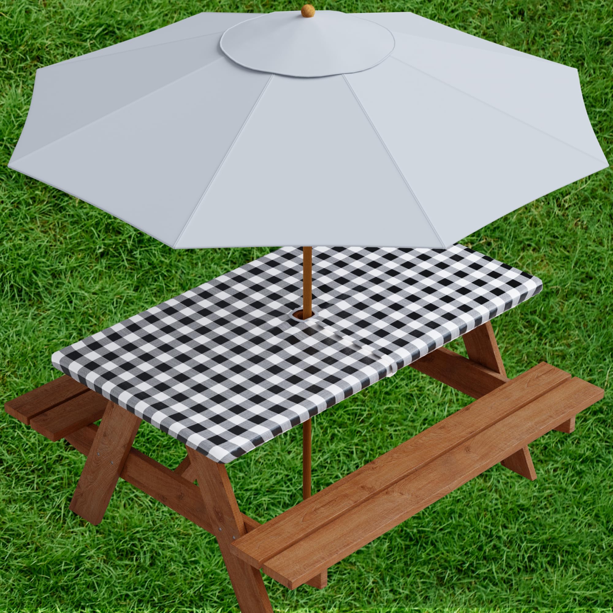 Sorfey Vinyl Umbrella Round Fitted Tablecloth Cover, Checkered Design,  - Collectible Very Good