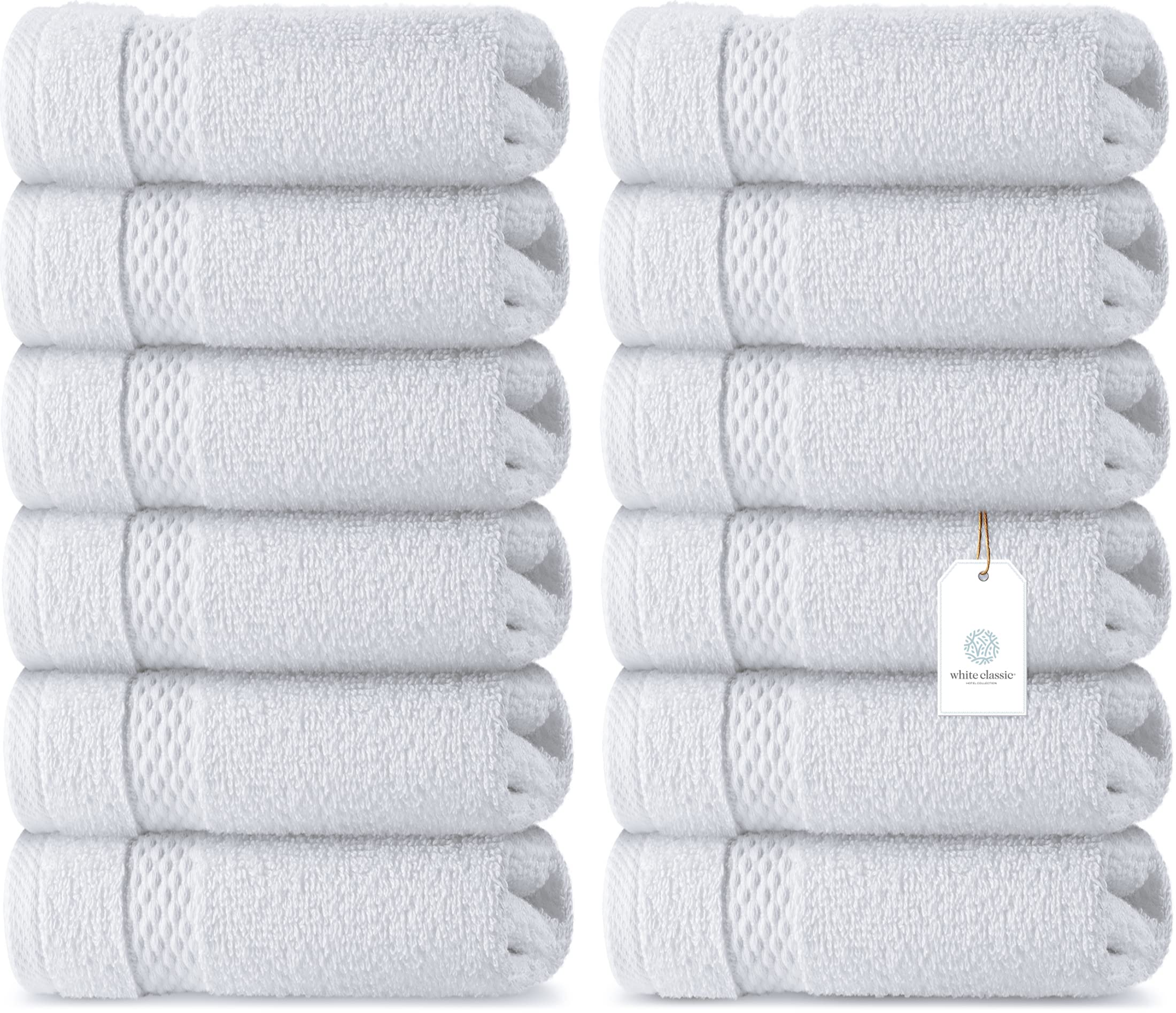 White Classic Luxury Washcloths for Bathroom-Hotel-Spa-Kitchen-Set - Circlet Egyptian Cotton - Highly Absorbent Hotel Quality Face Towels - Bulk Set of 12-13x13 Inch  - Like New