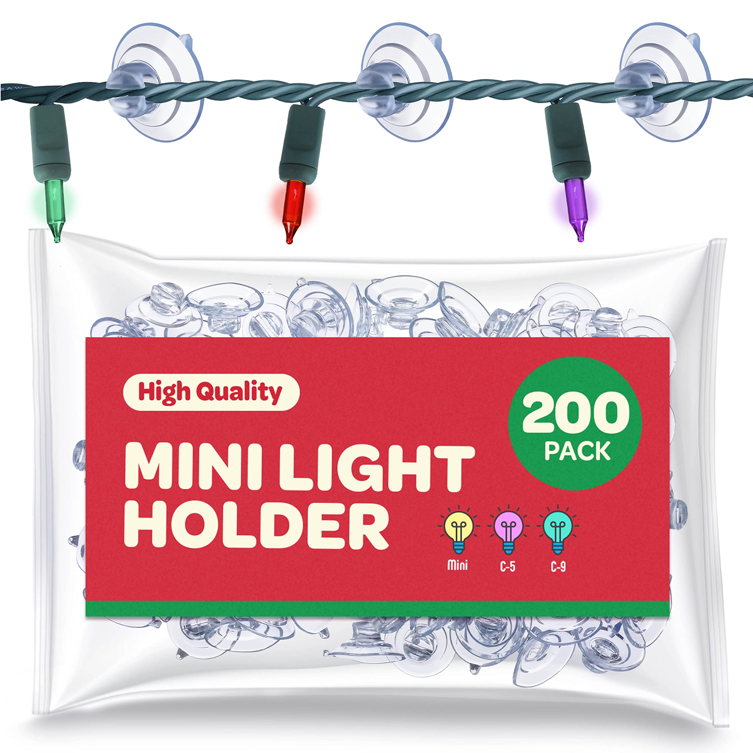 Christmas Light Suction Cups [Set of 200] Mini Light Suction Cup Hooks - Hang String Christmas Lights & Decorations - Christmas Light Suction Cup Clips - No Tools Required - Made in the USA  - Like New