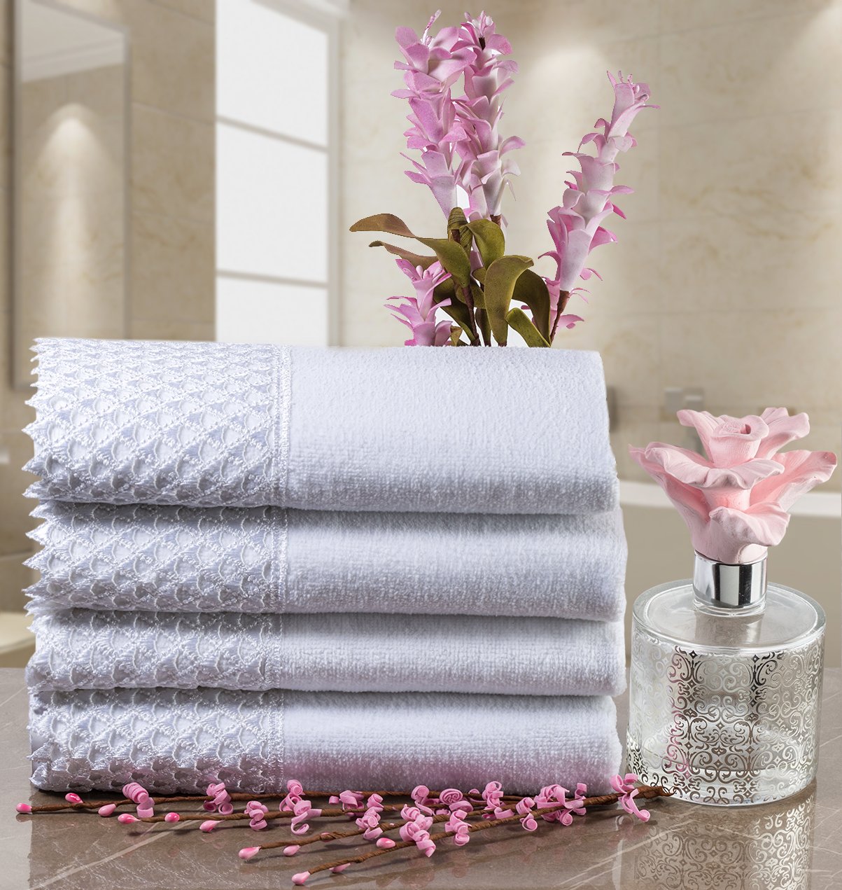 Creative Scents Decorative Fingertip Embellished White Gorgeous Lace Towels for Bathroom and Powder Room - 4 Pack 11 by 18" Cotton Velour Towel Set Packaged in Gift Box for Best Gift (White)  - Like New