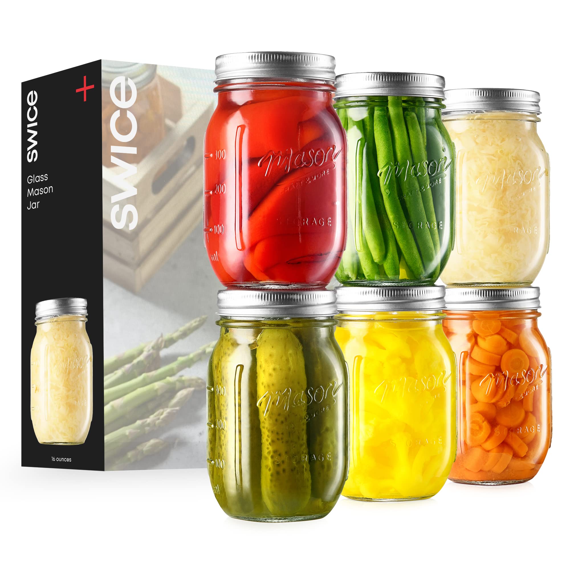 Quality Glass Mason Jars 16 Ounce (6 Pack) Regular Mouth Glass Mason Jar with Lids & Bands, Dishwasher Safe. Ideal for Canning, Pickling, Jam, Meal Prep, Food Storage - Bonus Chalkboard Label & Pen  - Like New