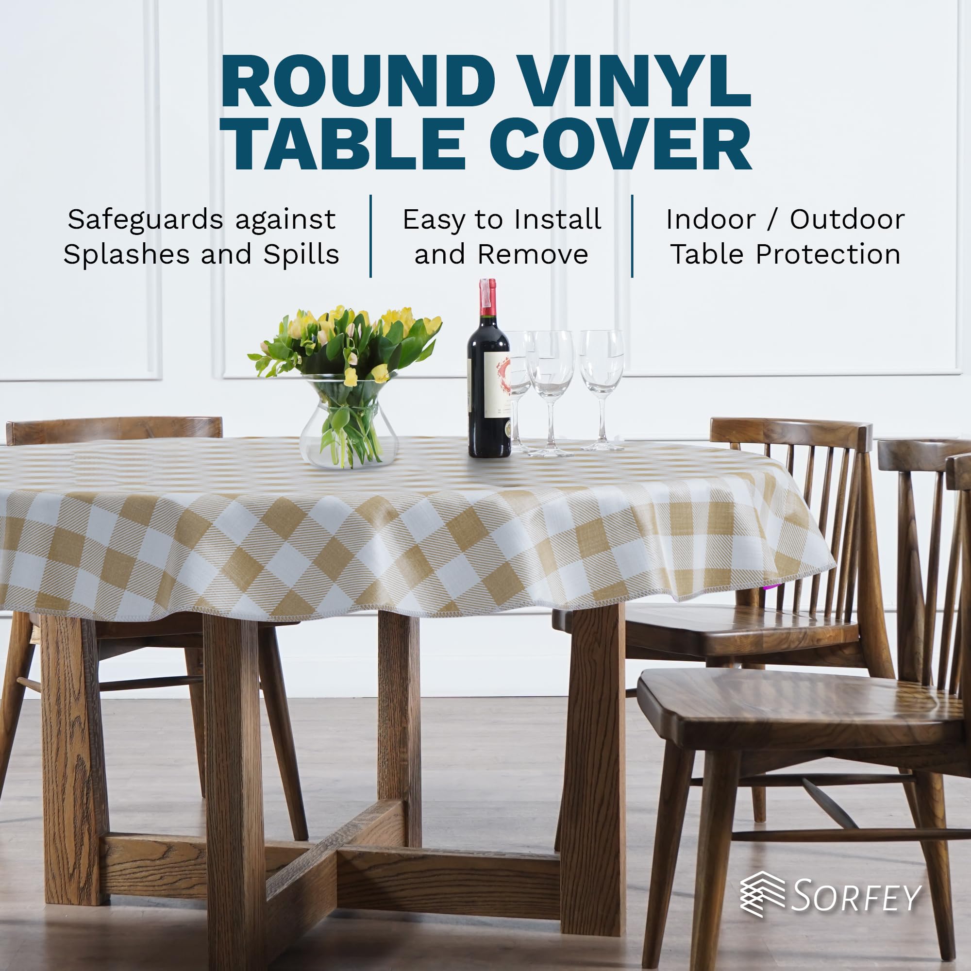 Sorfey Tablecloth - Vinyl with Flannel Back, 70" Round, Water Proof, Easy to Clean, Checked Green Design  - Like New