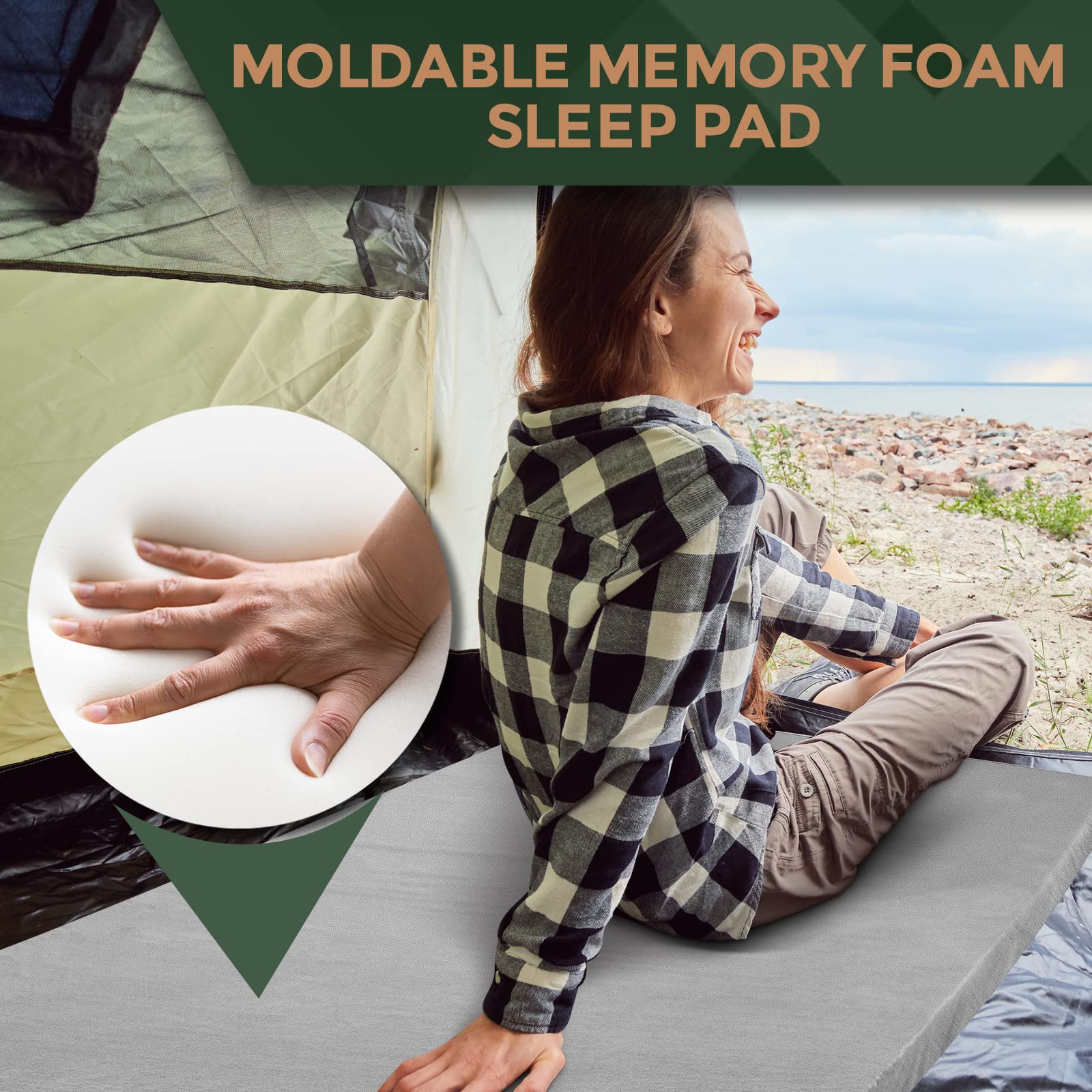 CertiPUR-US Memory Foam Camping Mattress Pad | Portable Roll Up Sleep Mat for Floor, Tent, Car | Single, Twin, Kids Guest Bed Outdoor Cot, Foldable Lightweight w/Removable Waterproof Cover, Travel Bag  - Good