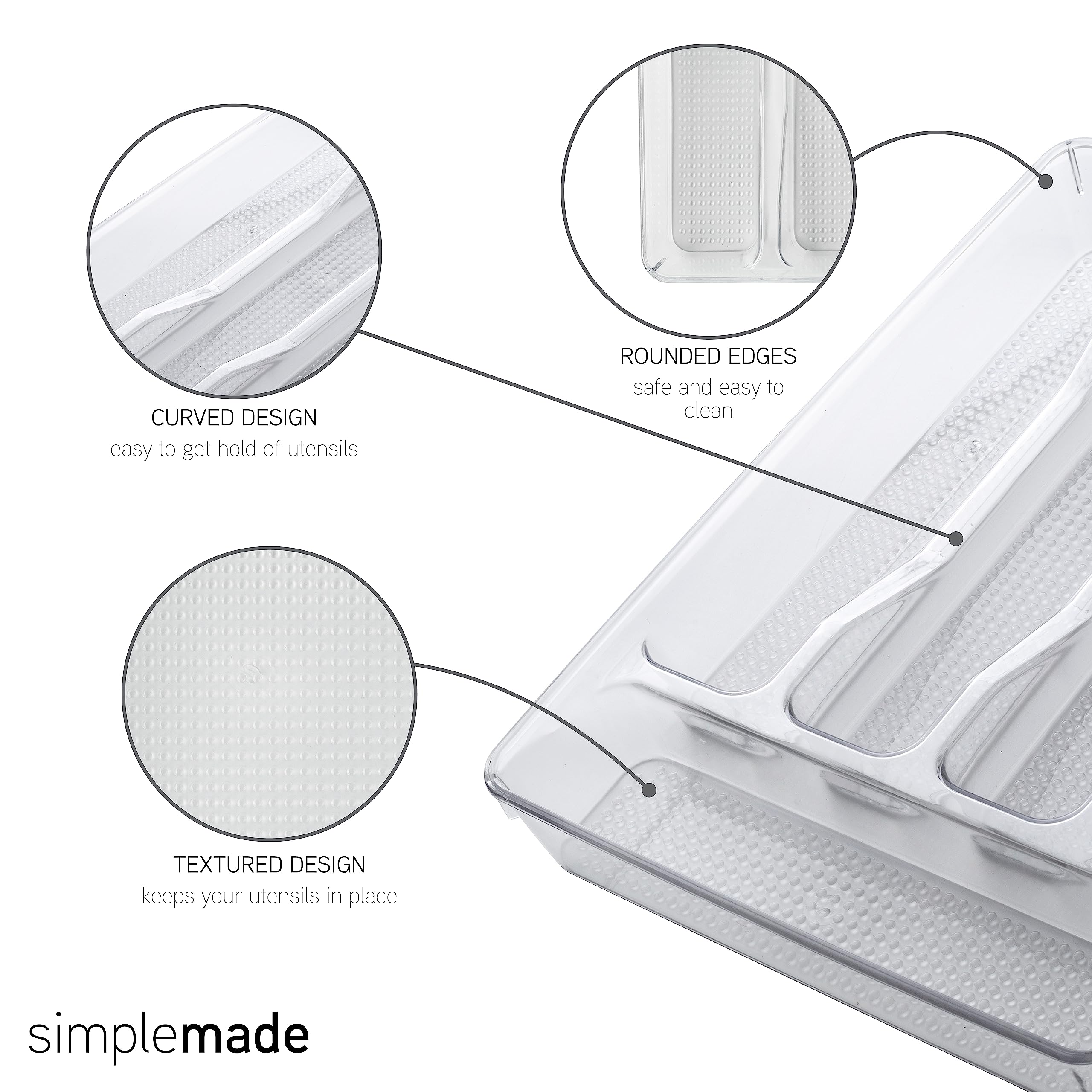 SIMPLEMADE Large Silverware Tray Organizer, 5-Compartments, Non-Slip Lining for Kitchen Drawer Flatware (Clear)  - Like New