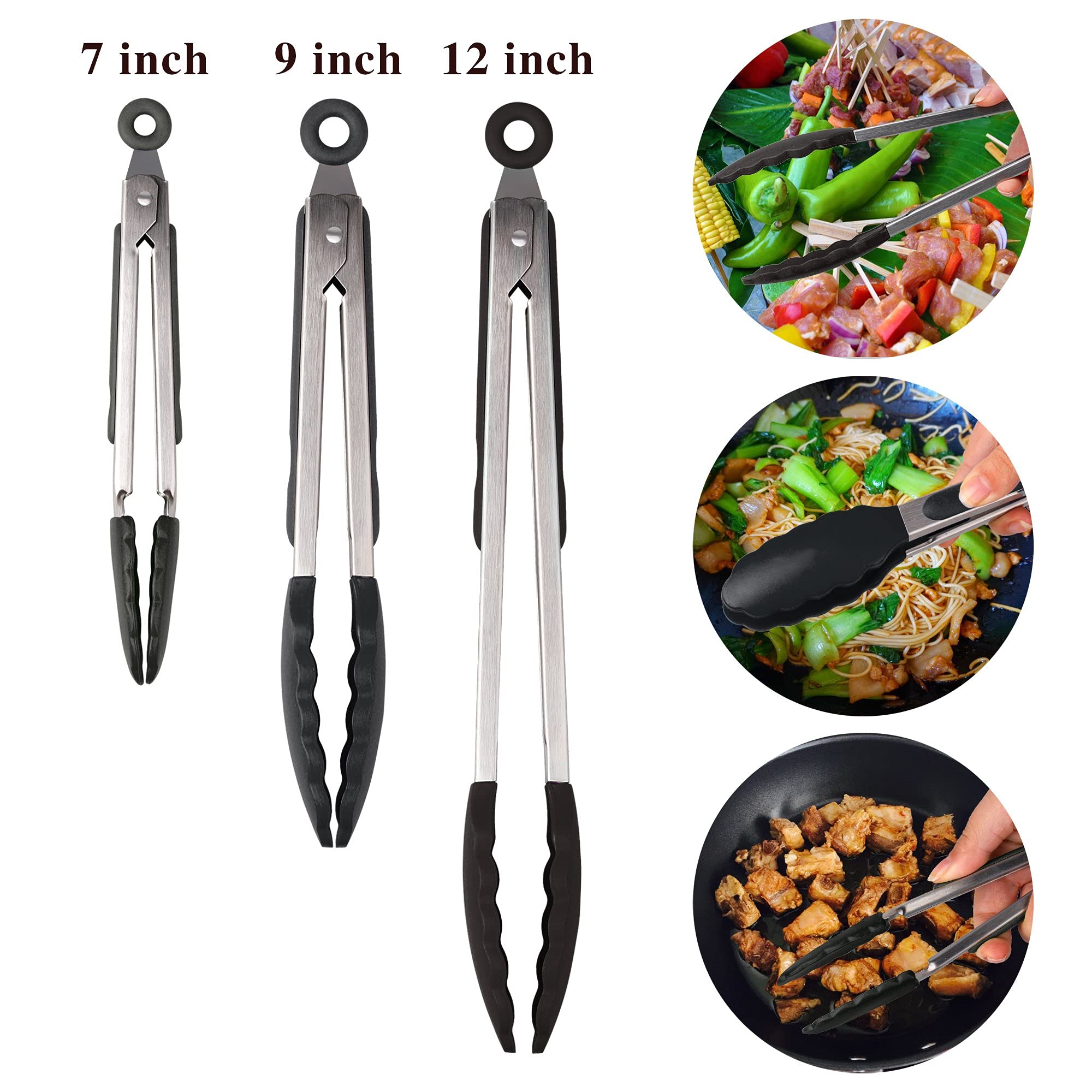 Hot Target Set of 3: 7, 9, 12 inches, Heavy Duty, Non-Stick, Stainless Steel Silicone BBQ and Kitchen Tongs. Heat resistant up to 600°F  - Like New