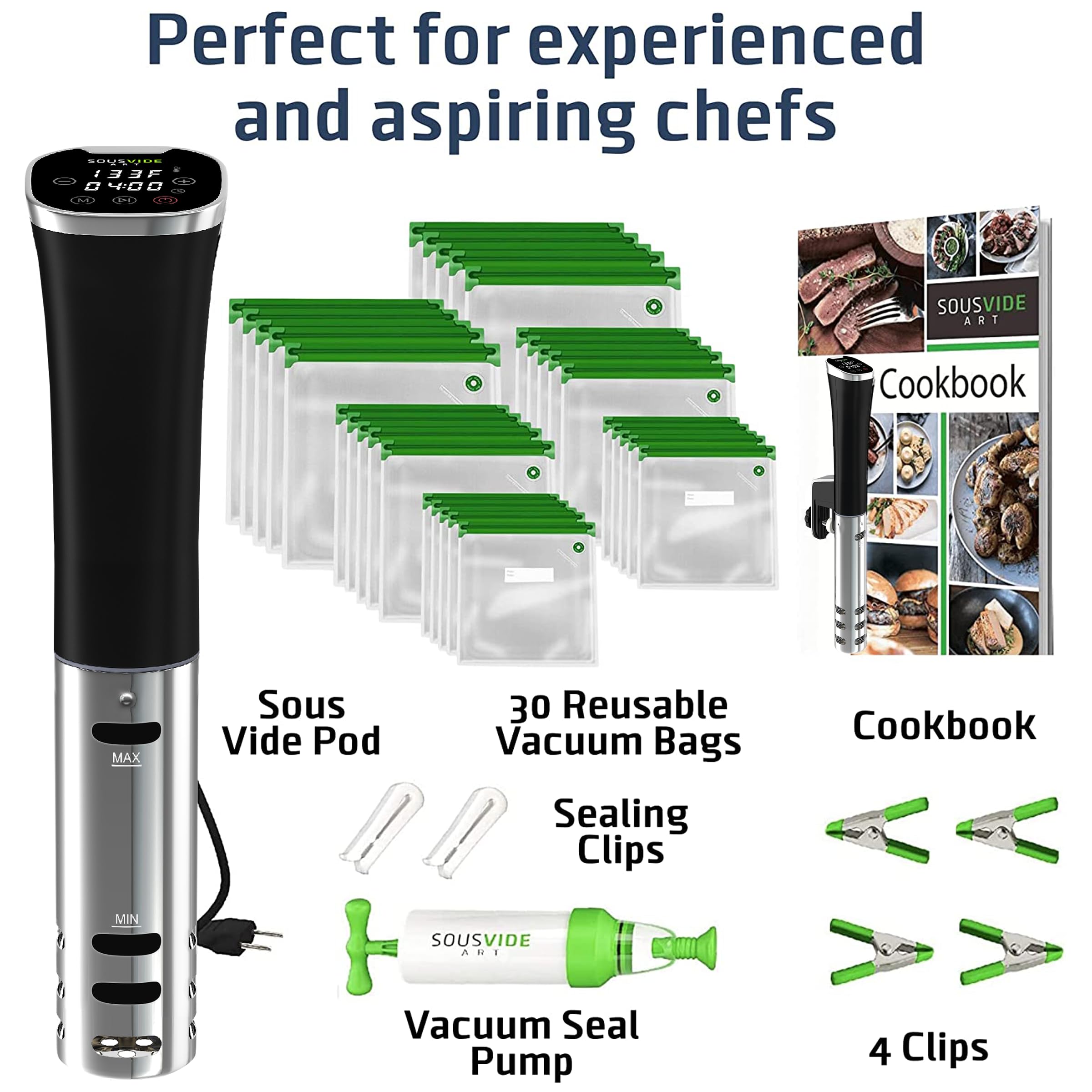 SOUSVIDE ART Sous Vide Immersion Cooker Kit - Machine with Digital Timer, Temp Control, 30 Bags, Vacuum Pump, Suvee Cooker Gift for Chefs  - Good