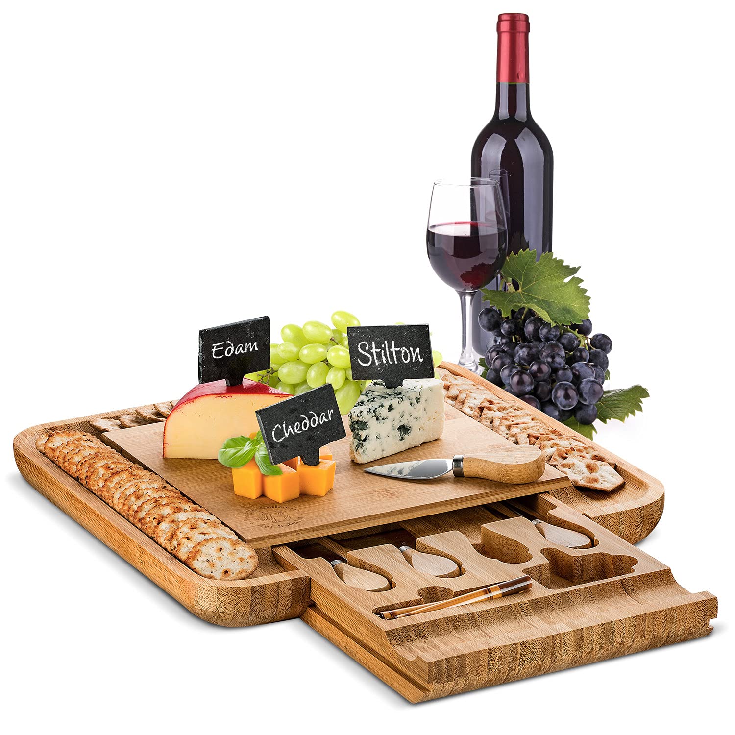 Appetizer Plate & Dessert Plate Large Charcuterie Board Gift Set - Bamboo Cheese Board and Knife Set - Wooden Cheese Board Platter with 4 Cheese Knives - Housewarming, Wedding Gift �  - Like New